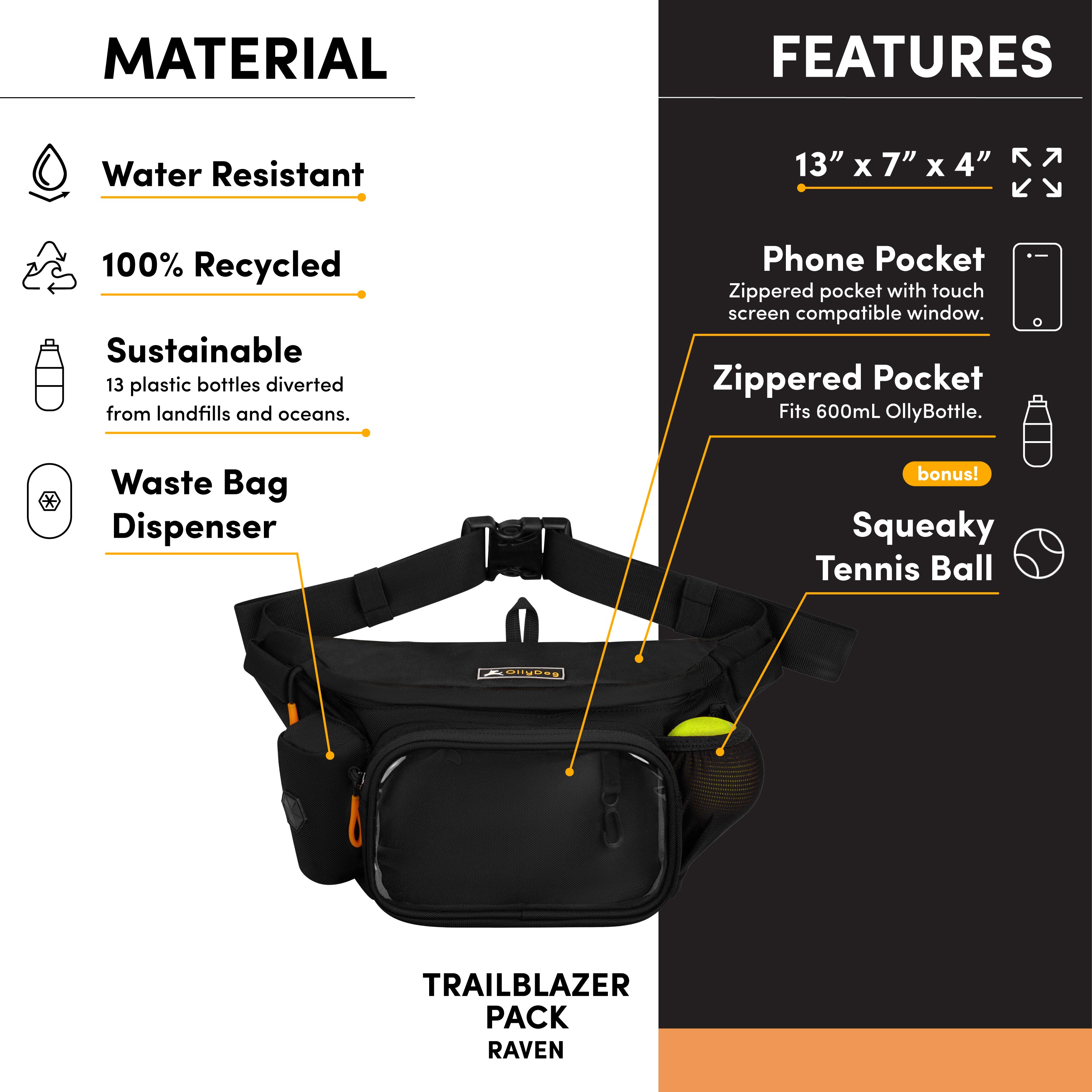 Infographic of OllyDog Trailblazer Pack in raven black showing water-resistant, 100% recycled materials, waste bag dispenser, zippered pocket for 600ml bottle, phone pocket with touchscreen window, squeaky tennis ball bonus, and product dimensions 13” x 7” x 4” #color_raven