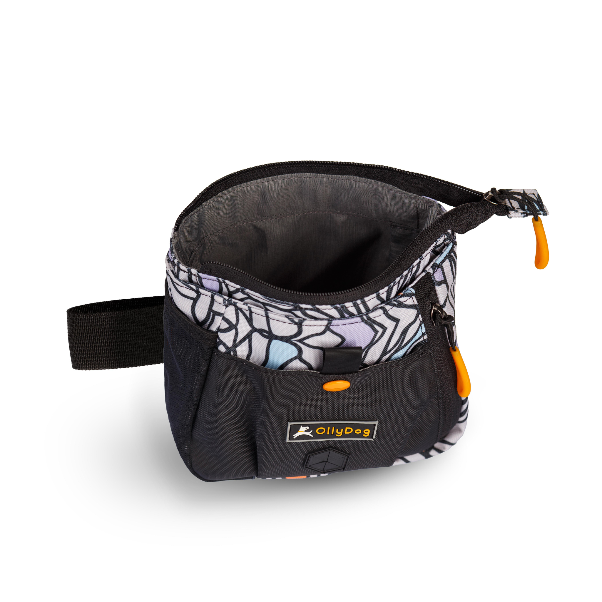 Opened view of OllyDog’s Backcountry Day Bag in Bloom, a dog training tool designed for quick access to treats, ideal for rewarding good behavior. With a spacious compartment for storage, this practical dog hiking gear is perfect for convenient training while exploring dog friendly trails. #color_bloom