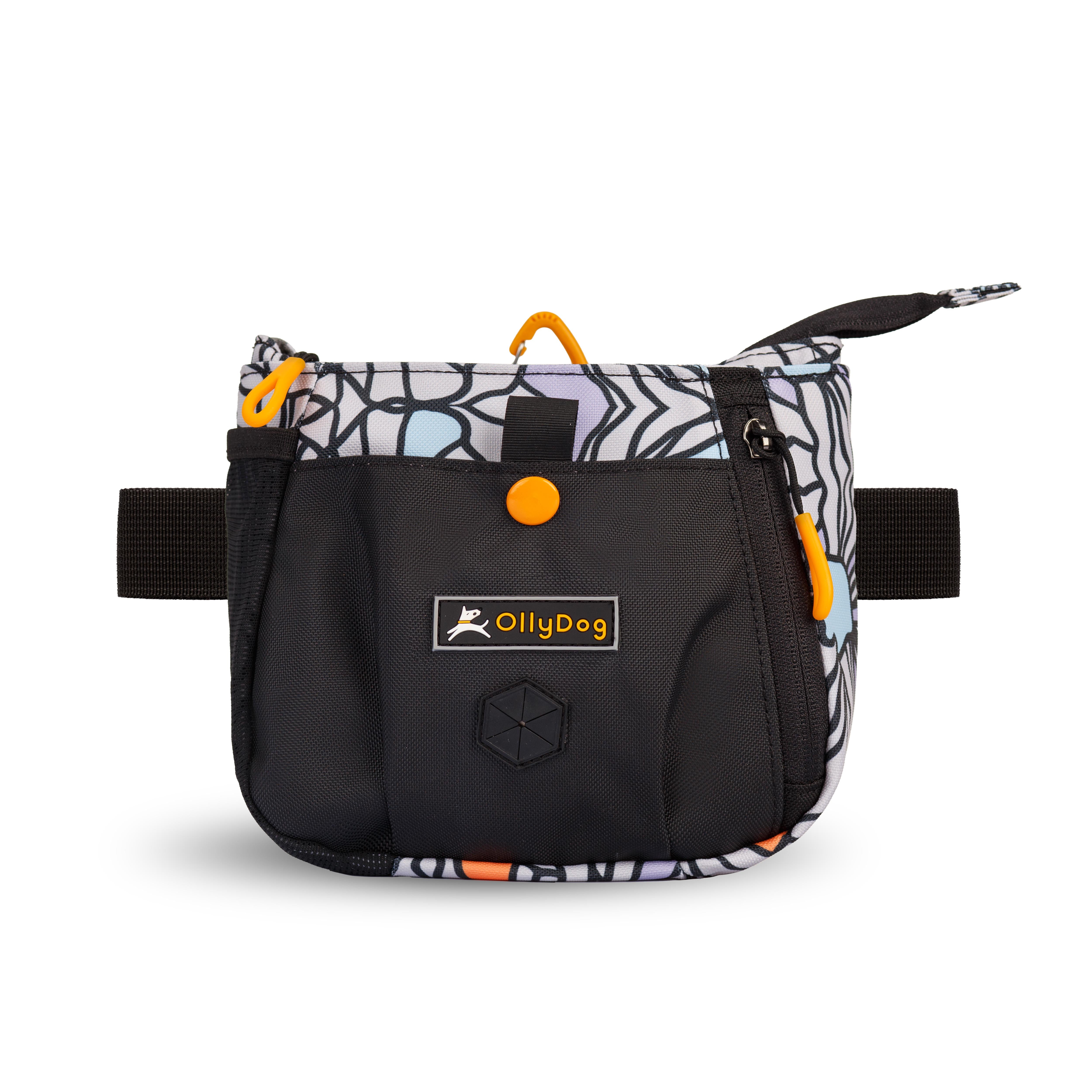 Flat front view of OllyDog’s Backcountry Day Bag in Bloom, a practical dog walking waist pack featuring a zipper closure, dog poop bag holder, and adjustable waist strap. Ideal for hands-free dog training and perfect for hiking with dogs. Add Backountry Day Bag to your collection of dog walking accessories. #color_bloom