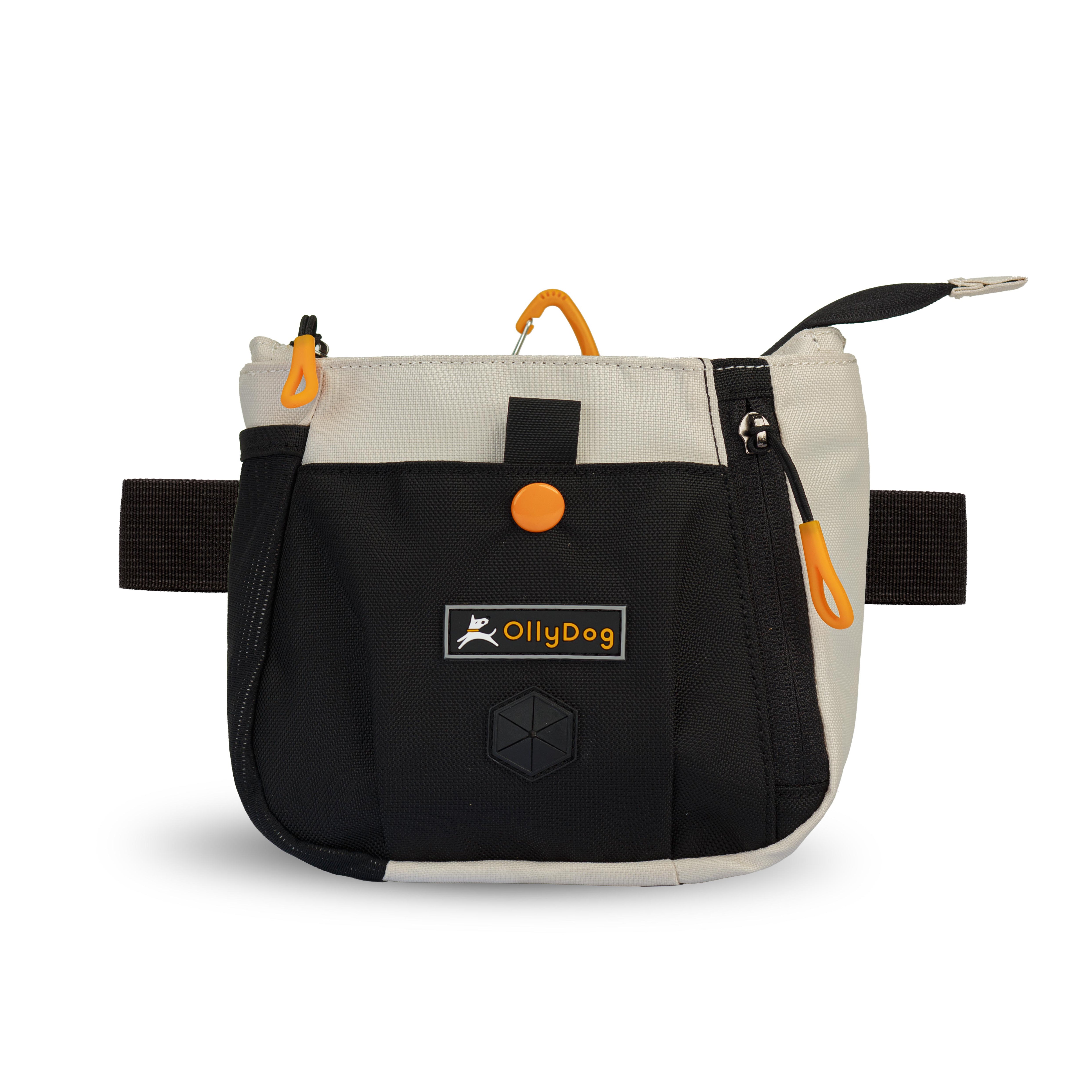 Flat front view of OllyDog’s Backcountry Day Bag in Bluff, a practical dog walking waist pack featuring a zipper closure, dog poop bag holder, and adjustable waist strap. Ideal for hands-free dog training and perfect for hiking with dogs. Add Backountry Day Bag to your collection of dog walking accessories. #color_bluff