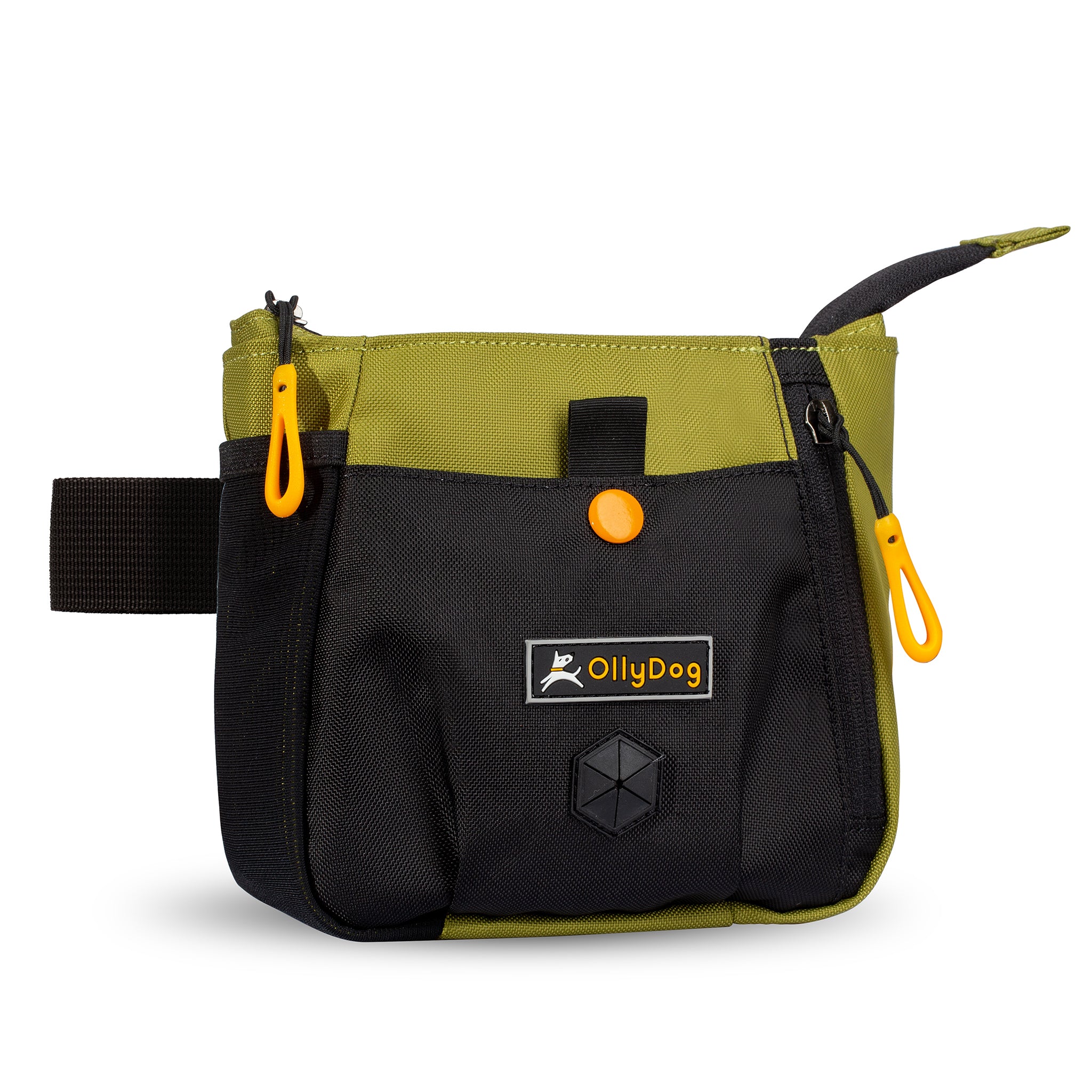 Angled front view of OllyDog’s Backcountry Day Bag in Cactus, a versatile dog walking waist pack featuring a zipper closure, dog poop bag holder, and extended side pocket. Ideal for hiking with dogs, this roomy bag offers adjustable straps for hands-free convenience, perfect for dog friendly trails and essential dog hiking gear. #color_cactus