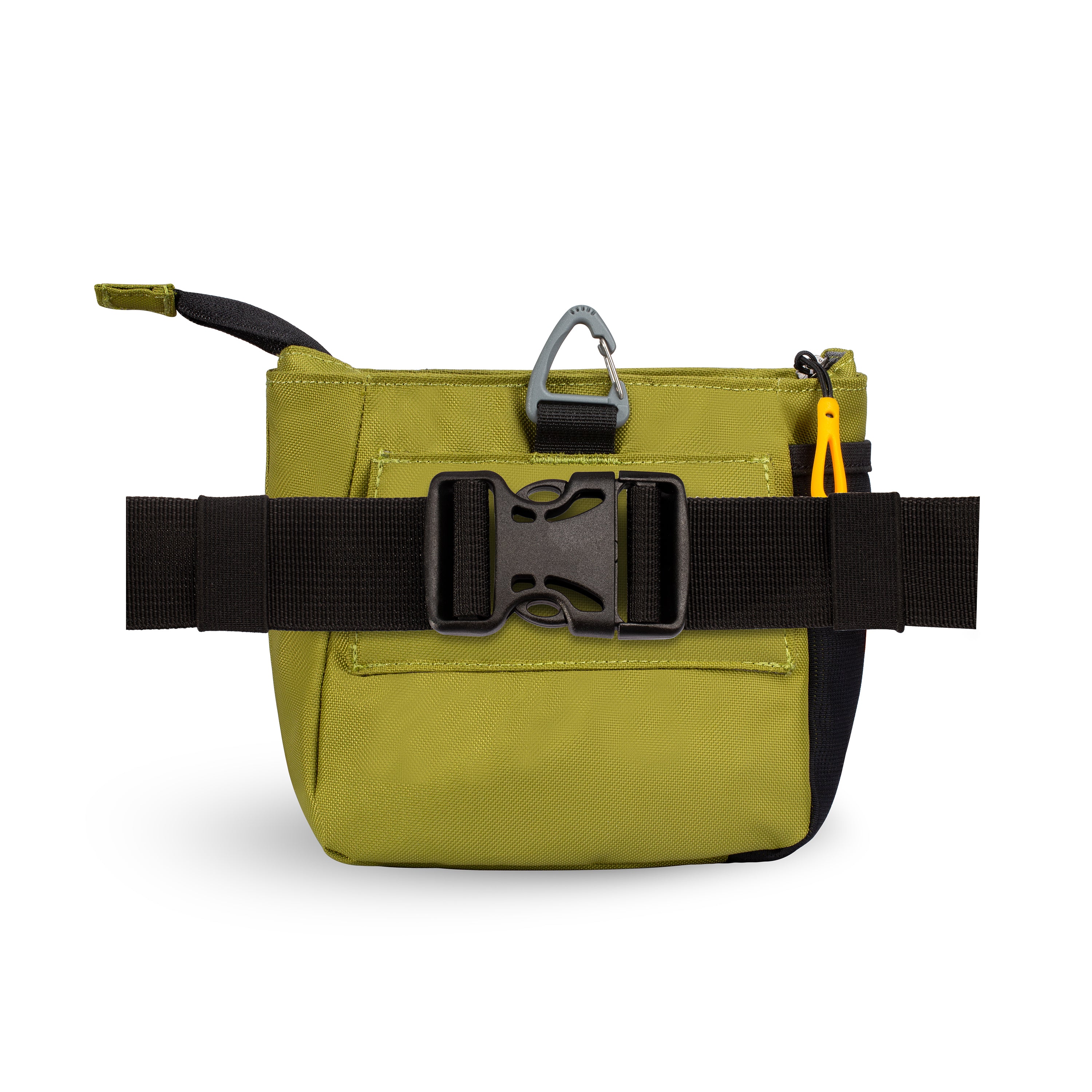 Back view of OllyDog’s Backcountry Day Bag in Cactus, showcasing the removable belt strap with a plastic buckle. This versatile dog training pouch also includes a convenient clip, making it become one of essential dog walking accessories. #color_cactus