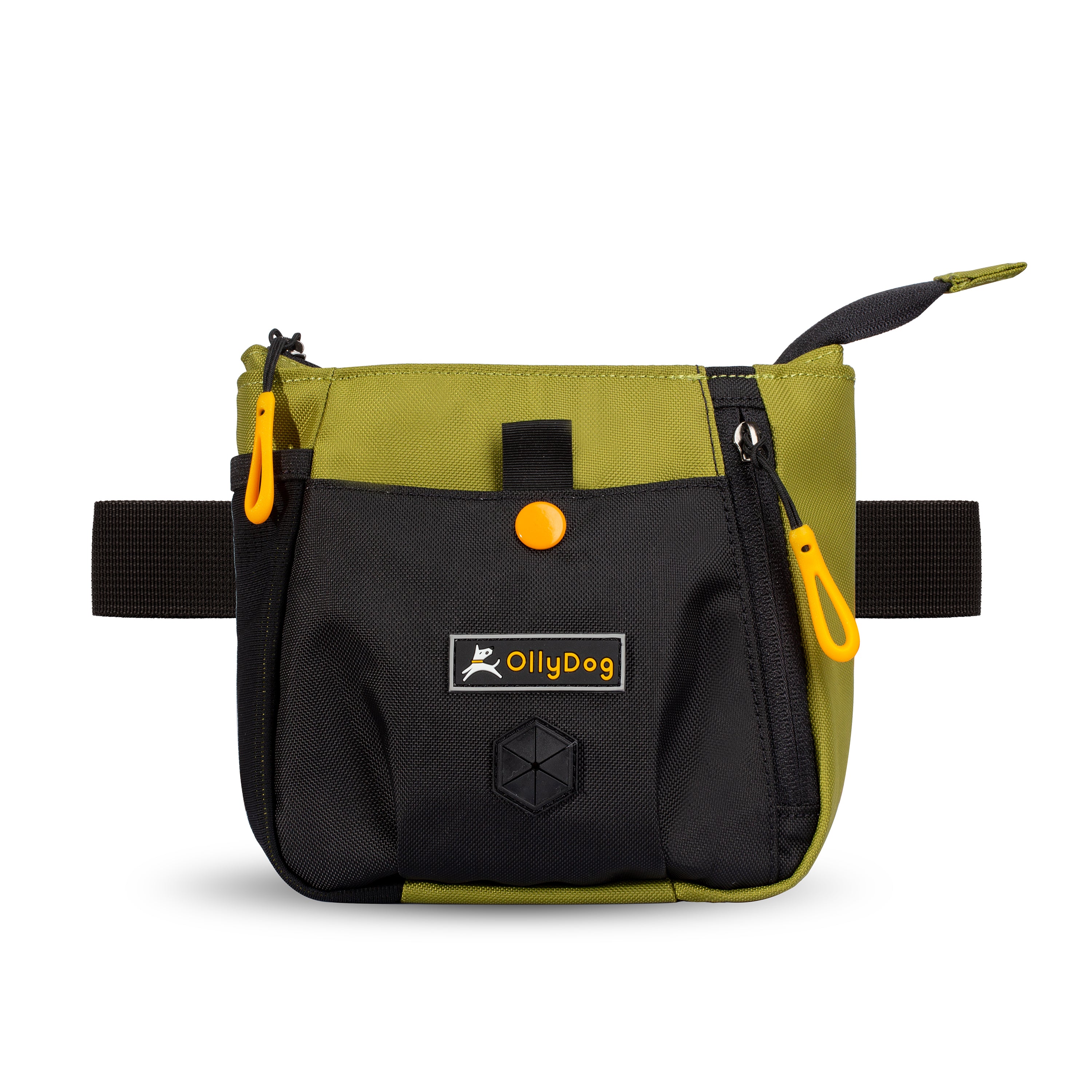 Flat front view of OllyDog’s Backcountry Day Bag in Cactus, a practical dog walking waist pack featuring a zipper closure, dog poop bag holder, and adjustable waist strap. Ideal for hands-free dog training and perfect for hiking with dogs. Add Backountry Day Bag to your collection of dog walking accessories. #color_cactus