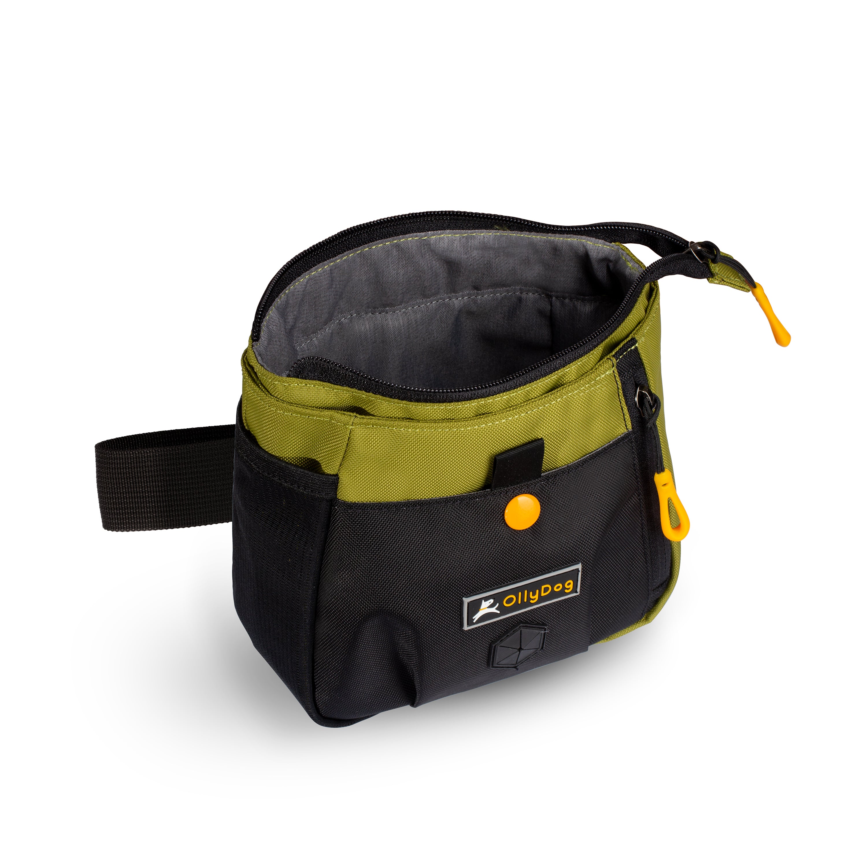 Opened view of OllyDog’s Backcountry Day Bag in Cactus, a dog training tool designed for quick access to treats, ideal for rewarding good behavior. With a spacious compartment for storage, this practical dog hiking gear is perfect for convenient training while exploring dog friendly trails. #color_cactus