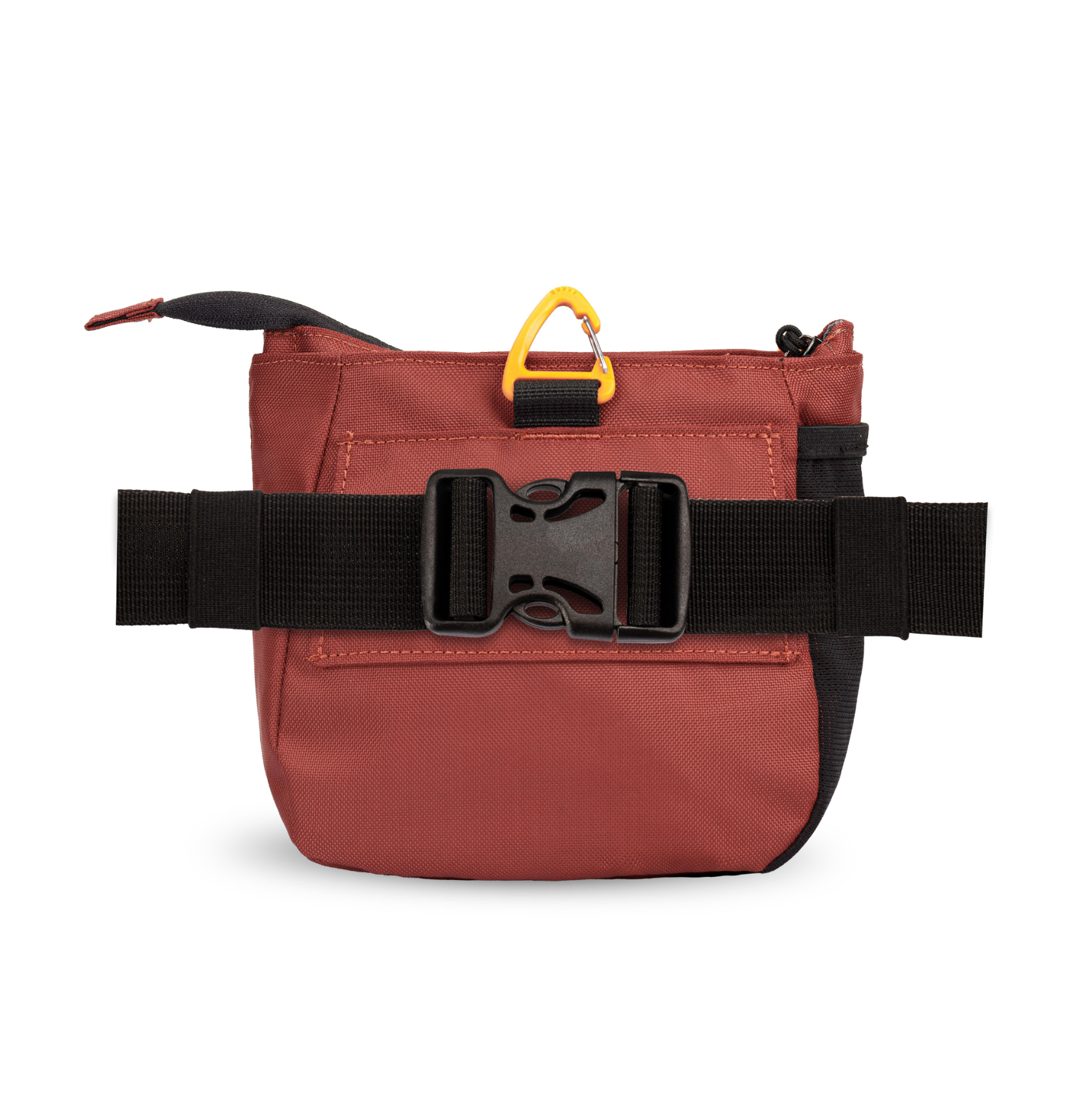 Back view of OllyDog’s Backcountry Day Bag in Cider, showcasing the removable belt strap with a plastic buckle. This versatile dog training pouch also includes a convenient clip, making it become one of essential dog walking accessories. #color_cider