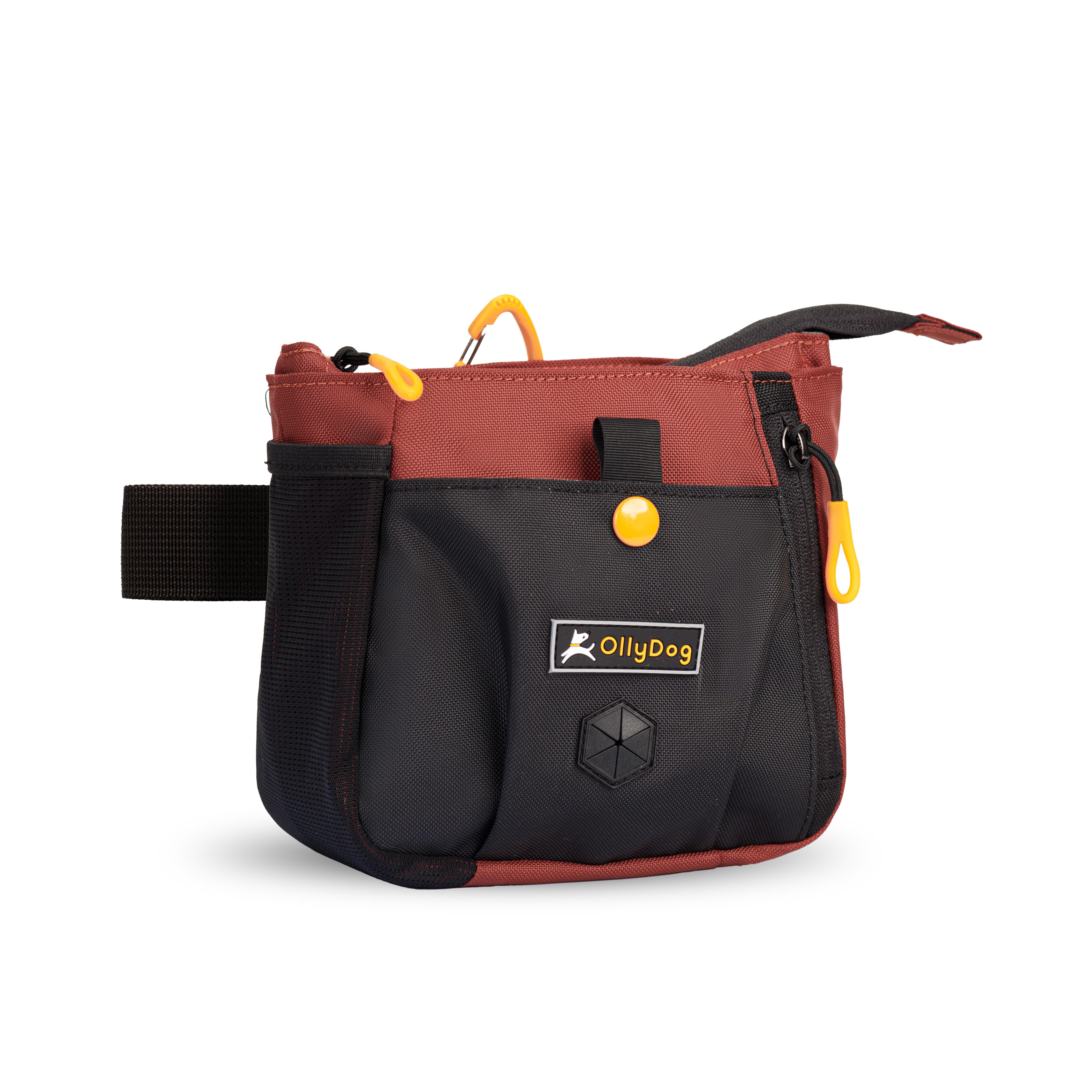 Angled front view of OllyDog’s Backcountry Day Bag in Cider, a versatile dog walking waist pack featuring a zipper closure, dog poop bag holder, and extended side pocket. Ideal for hiking with dogs, this roomy bag offers adjustable straps for hands-free convenience, perfect for dog friendly trails and essential dog hiking gear. #color_cider