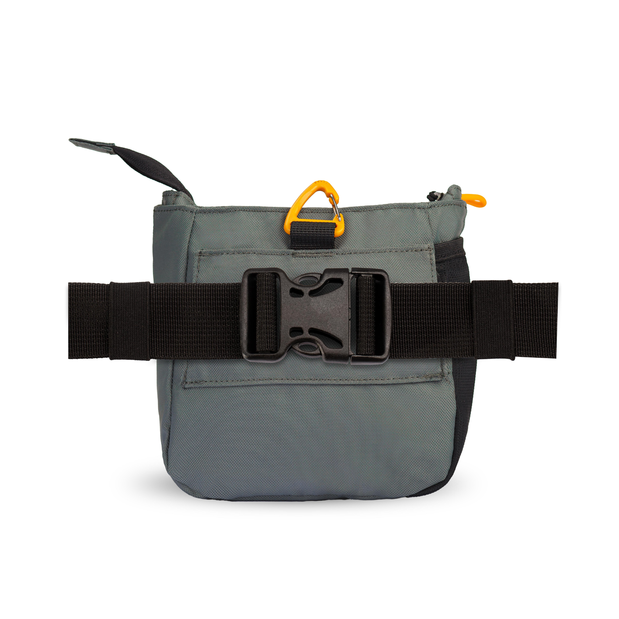 Back view of OllyDog’s Backcountry Day Bag in Juniper, showcasing the removable belt strap with a plastic buckle. This versatile dog training pouch also includes a convenient clip, making it become one of essential dog walking accessories. #color_juniper