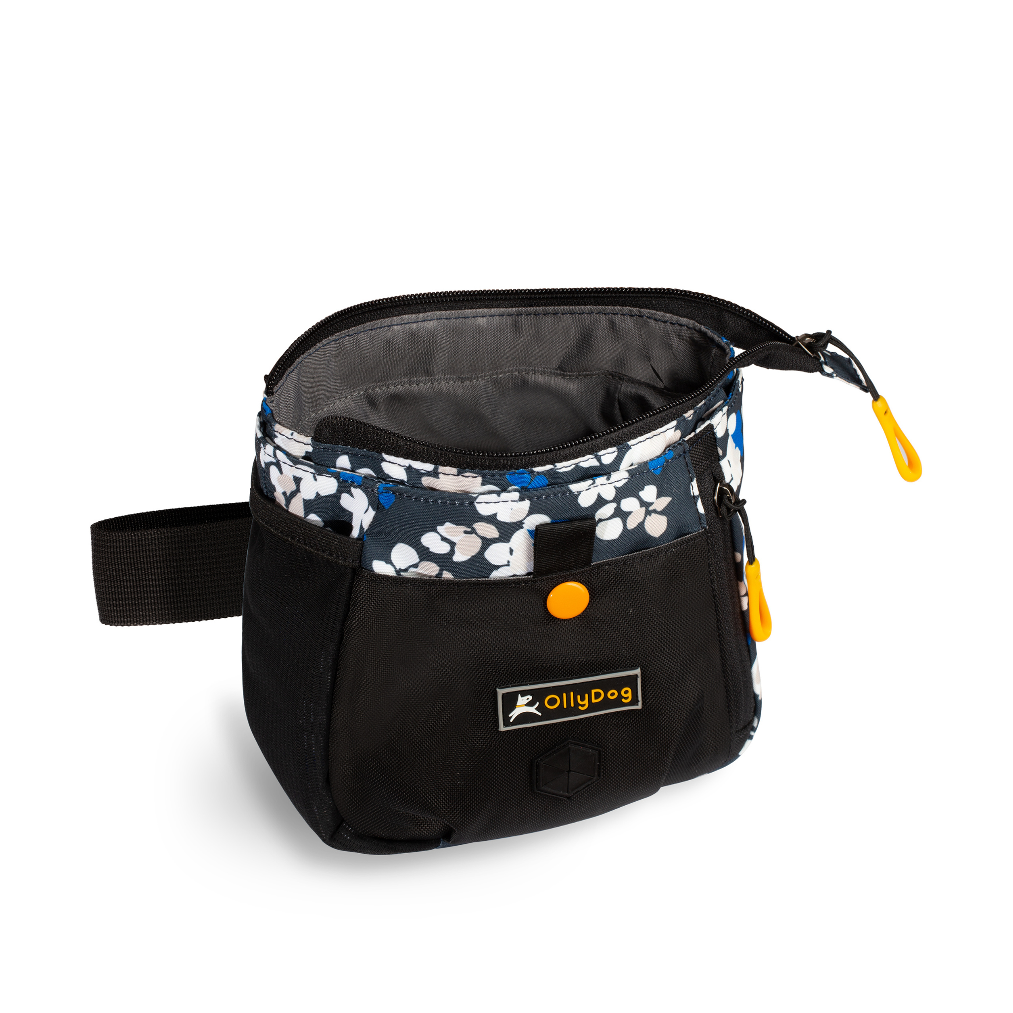 Opened view of OllyDog’s Backcountry Day Bag in Lotus, a dog training tool designed for quick access to treats, ideal for rewarding good behavior. With a spacious compartment for storage, this practical dog hiking gear is perfect for convenient training while exploring dog friendly trails. #color_lotus