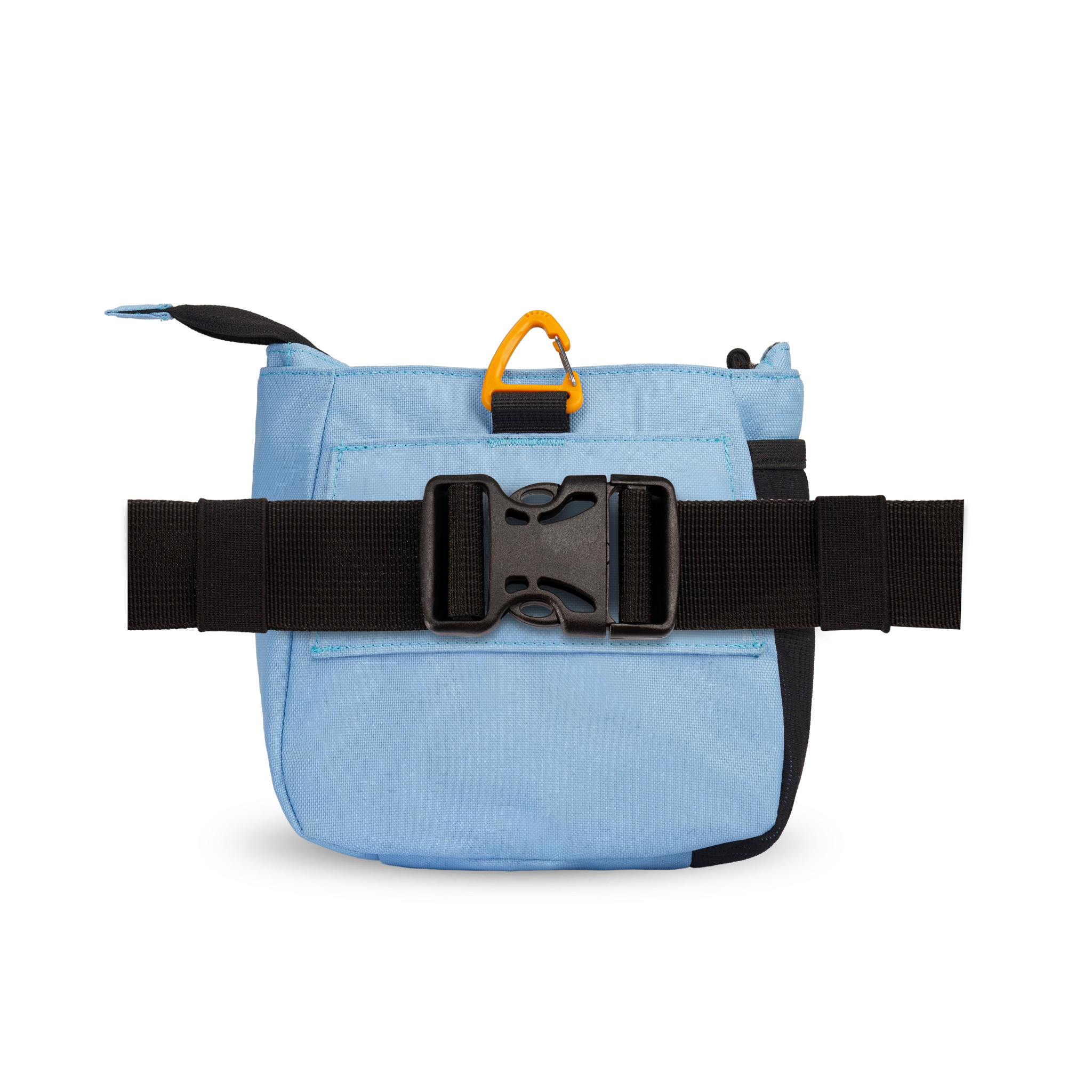 Back view of OllyDog’s Backcountry Day Bag in Maui Blue, showcasing the removable belt strap with a plastic buckle. This versatile dog training pouch also includes a convenient clip, making it become one of essential dog walking accessories. #color_maui blue