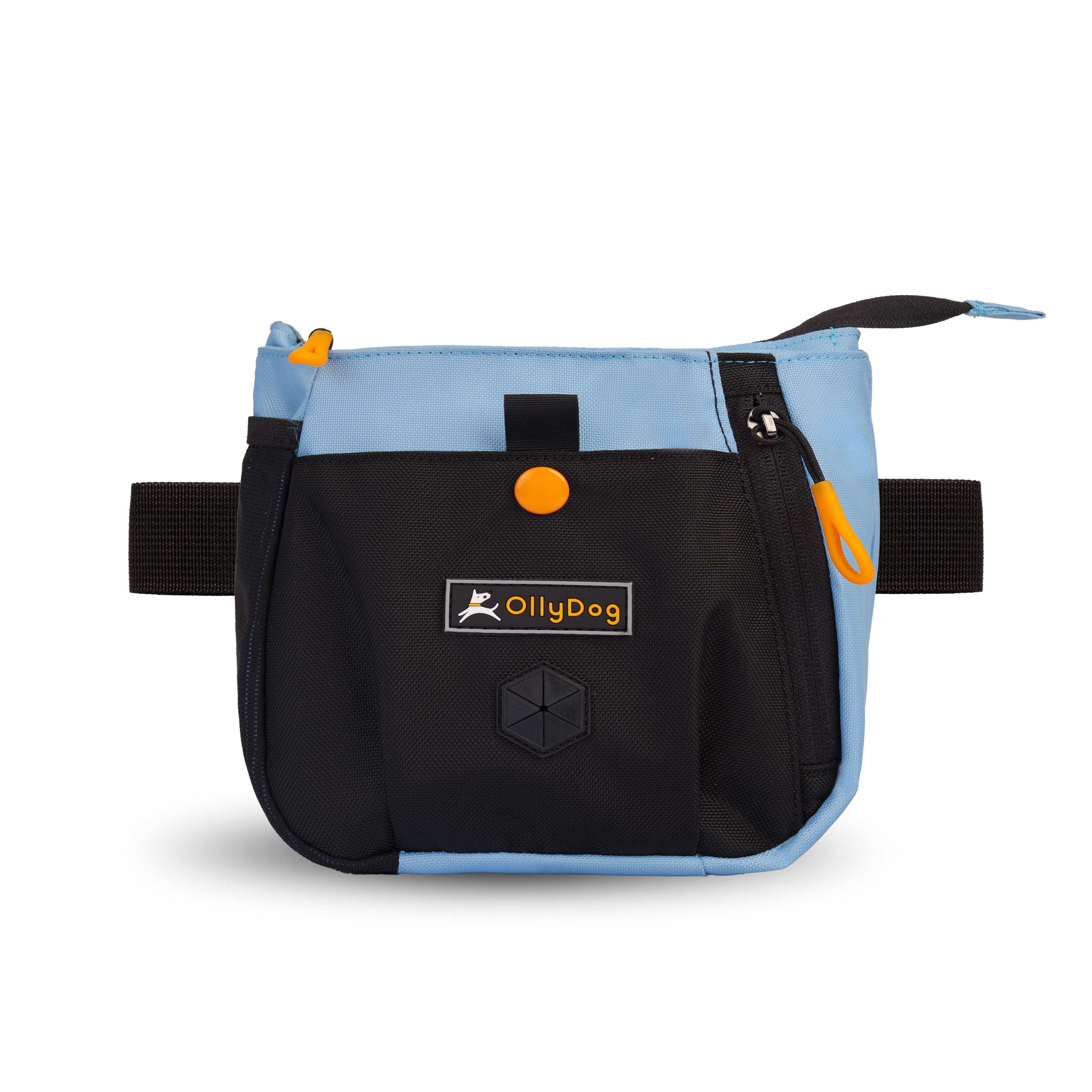 Flat front view of OllyDog’s Backcountry Day Bag in Maui Blue, a practical dog walking waist pack featuring a zipper closure, dog poop bag holder, and adjustable waist strap. Ideal for hands-free dog training and perfect for hiking with dogs. Add Backountry Day Bag to your collection of dog walking accessories. #color_maui blue