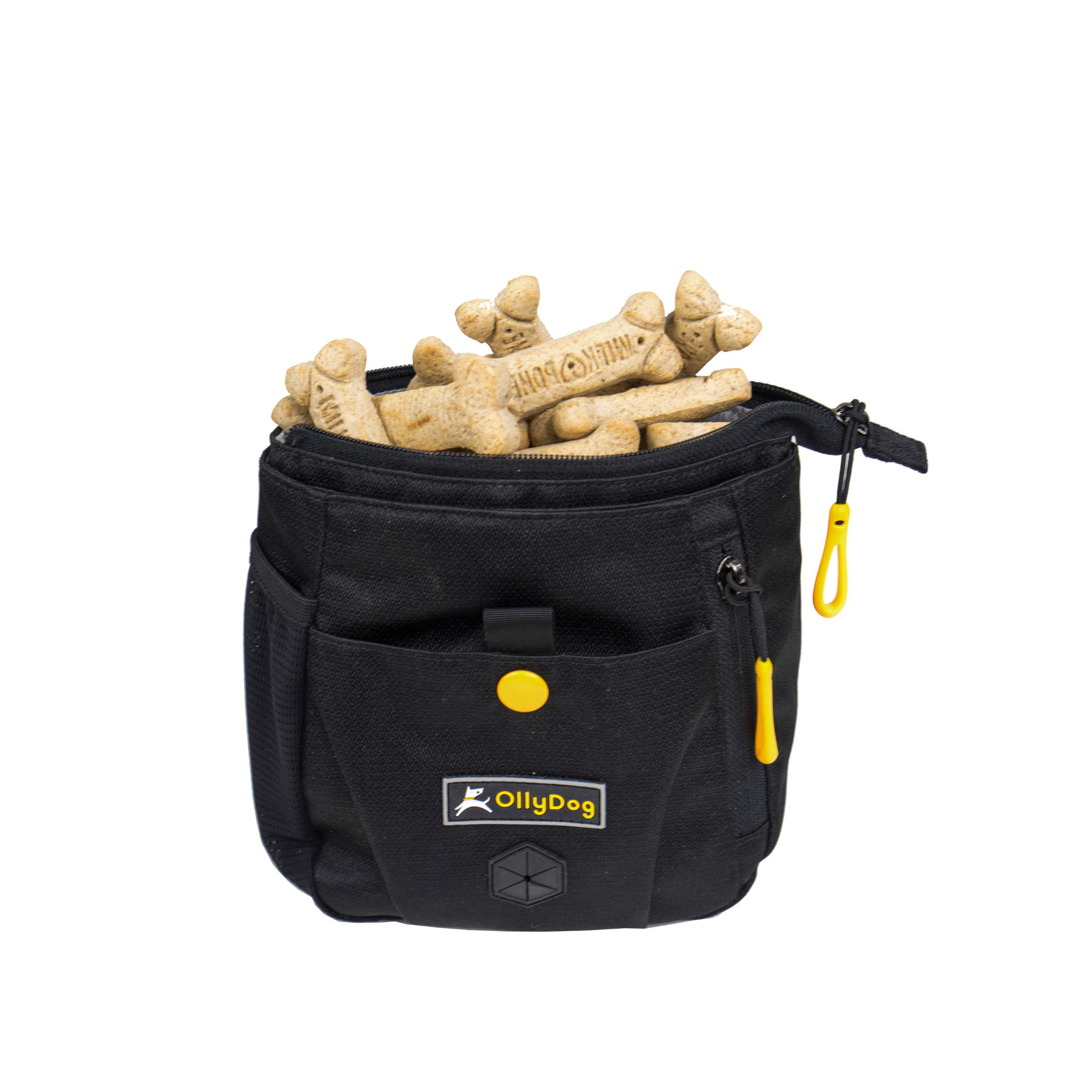 Opened view of OllyDog’s Backcountry Day Bag in Raven, a dog training tool designed for quick access to treats, ideal for rewarding good behavior. With a spacious compartment for storage, this practical dog hiking gear is perfect for convenient training while exploring dog friendly trails. #color_raven