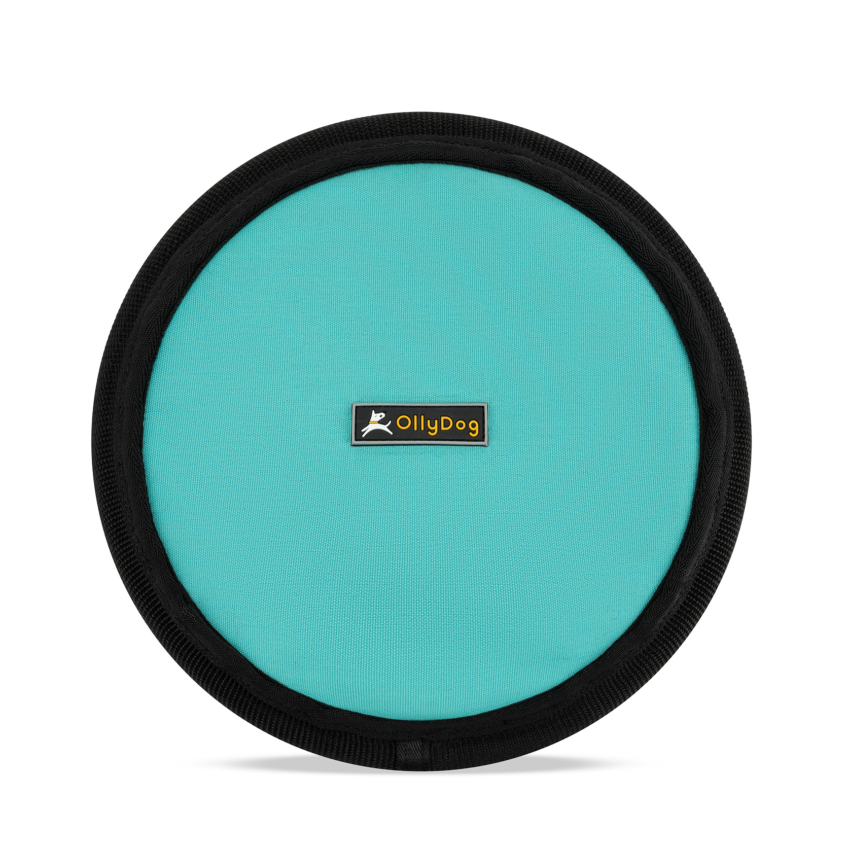 Flat front view of OllyDog’s Flyer Disc in Bright Aqua, a vibrant dog frisbee toy made from durable, flexible material. This non-toxic dog toy is perfect for playing fetch and can also serve as a floating dog toy for water play, making it an ideal dog fetch toy. #color_bright aqua