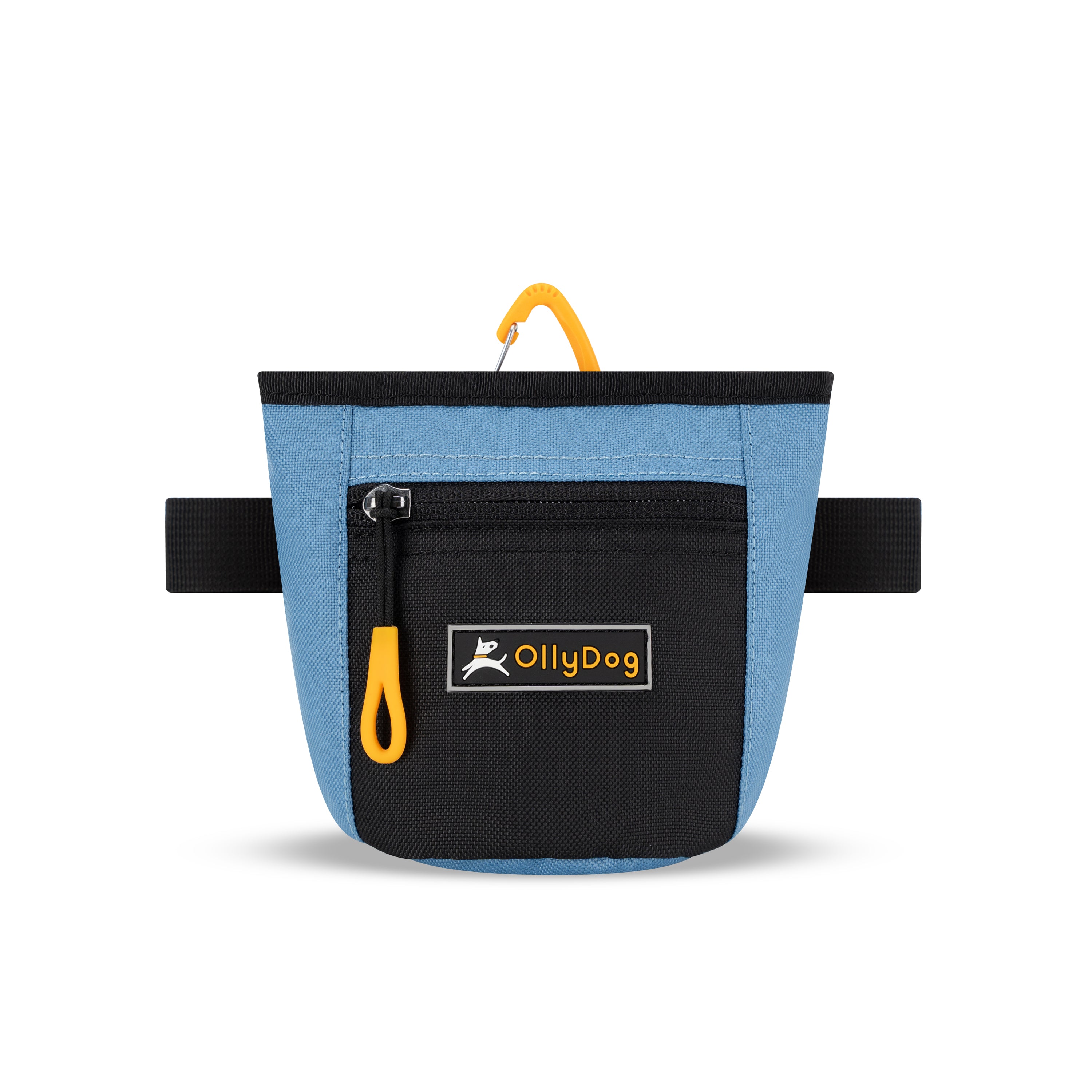 Flat front view of OllyDog’s Goodie Treat Bag in Pacific Coast. The dog treat pouch includes a magnetic closure on the main compartment, a front zipper pocket, and an adjustable waist strap for hands-free dog training. #color_pacific coast