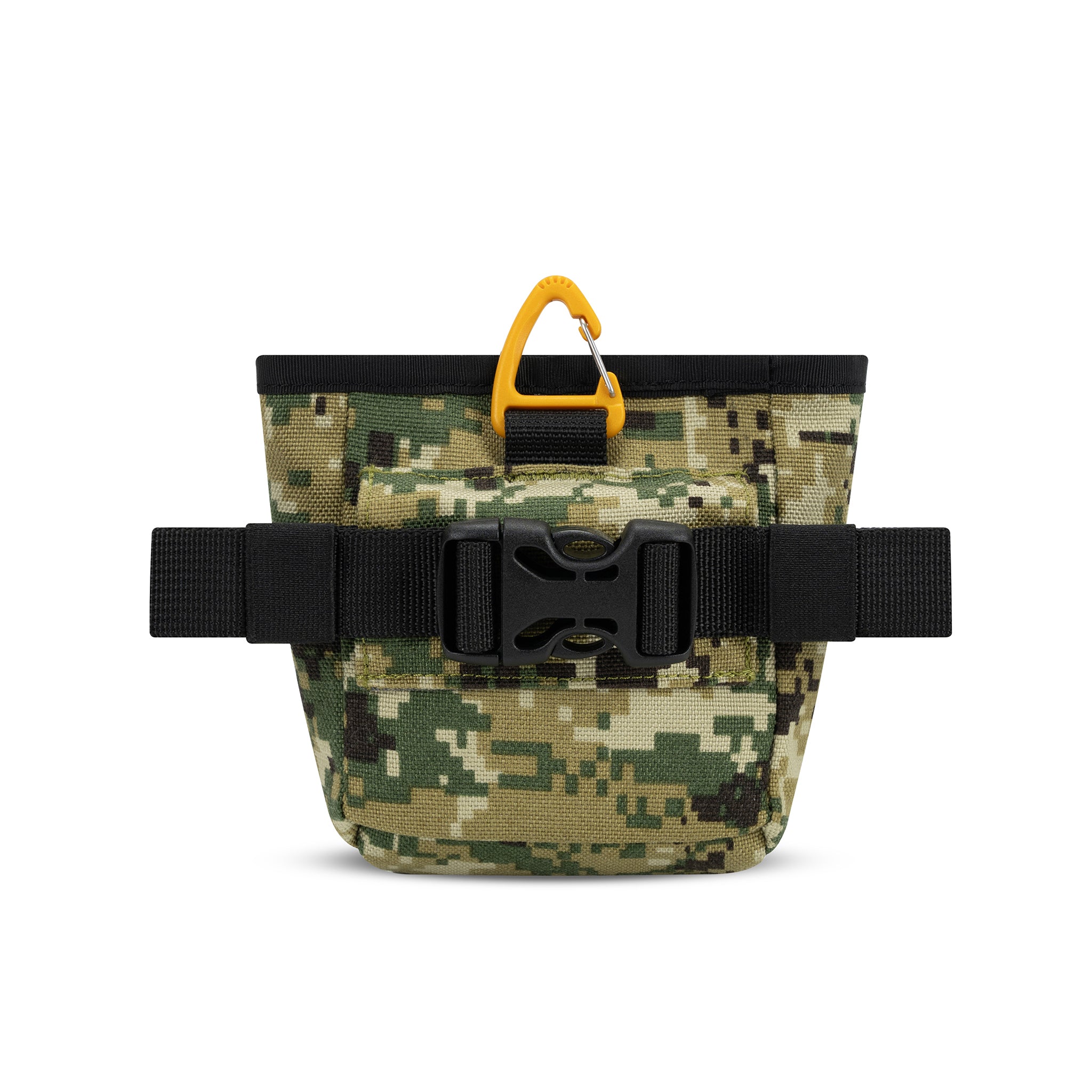 Back view of the Goodie Treat Bag by OllyDog in Woodland Camo. The dog training pouch comes with a removable belt strap with a plastic buckle and a convenient clip to attach the treat pouch anywhere. #color_woodland camo