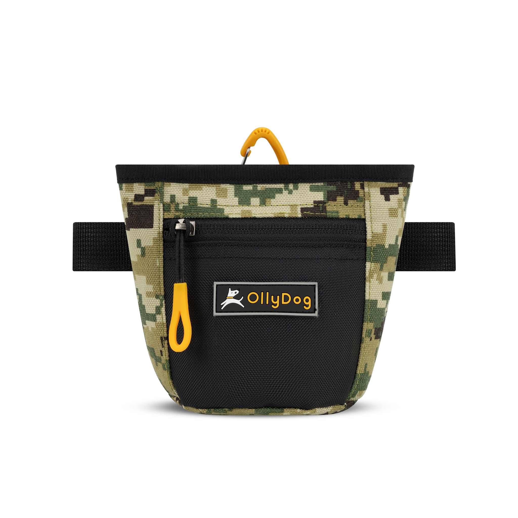 Flat front view of OllyDog’s Goodie Treat Bag in Woodland Camo. The dog treat pouch includes a magnetic closure on the main compartment, a front zipper pocket, and an adjustable waist strap for hands-free dog training. #color_woodland camo