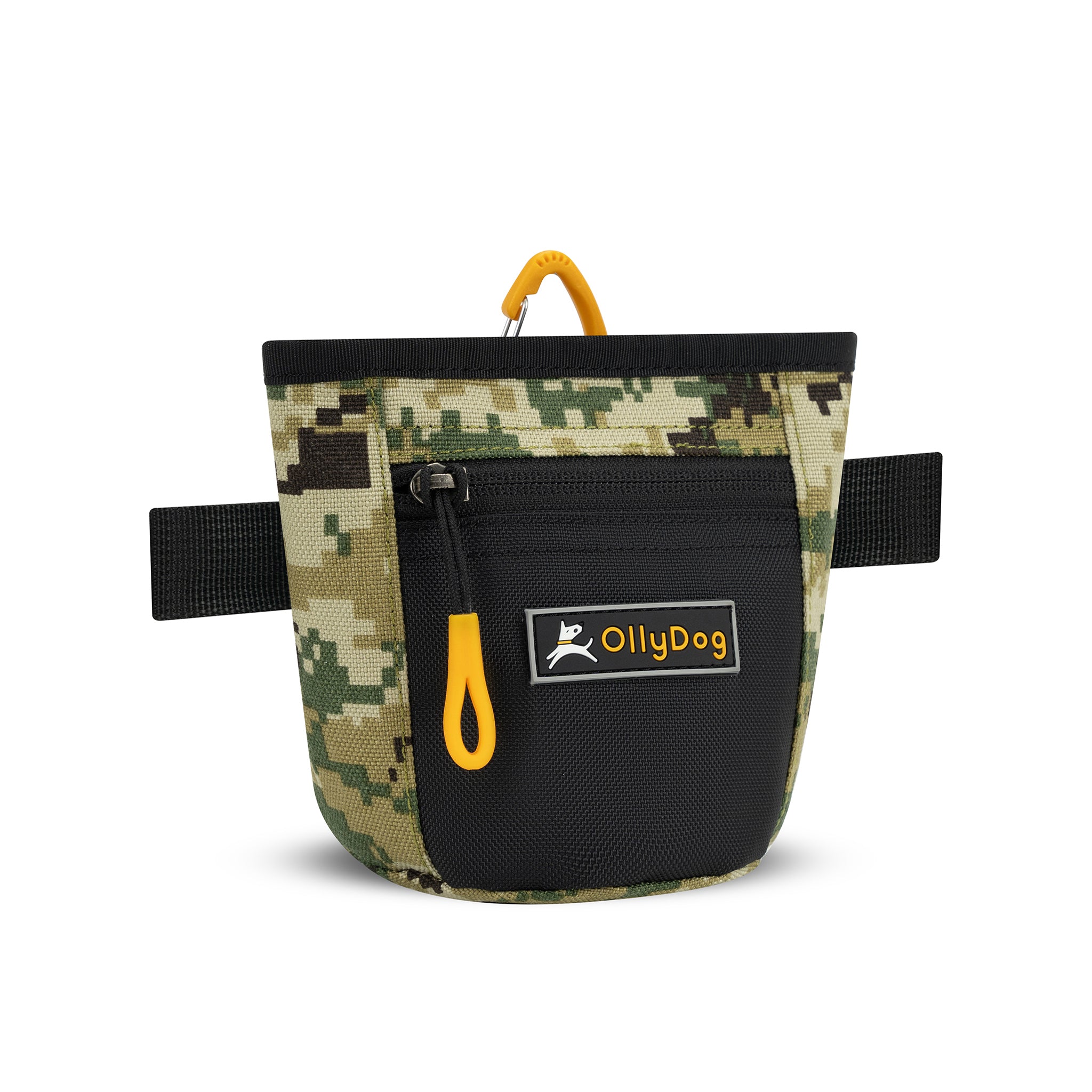 Angled front view of OllyDog’s Goodie Treat Bag in Woodland Camo. The dog treat pouch includes a magnetic closure on the main compartment, a front zipper pocket, and an adjustable waist strap for hands-free dog training. #color_woodland camo