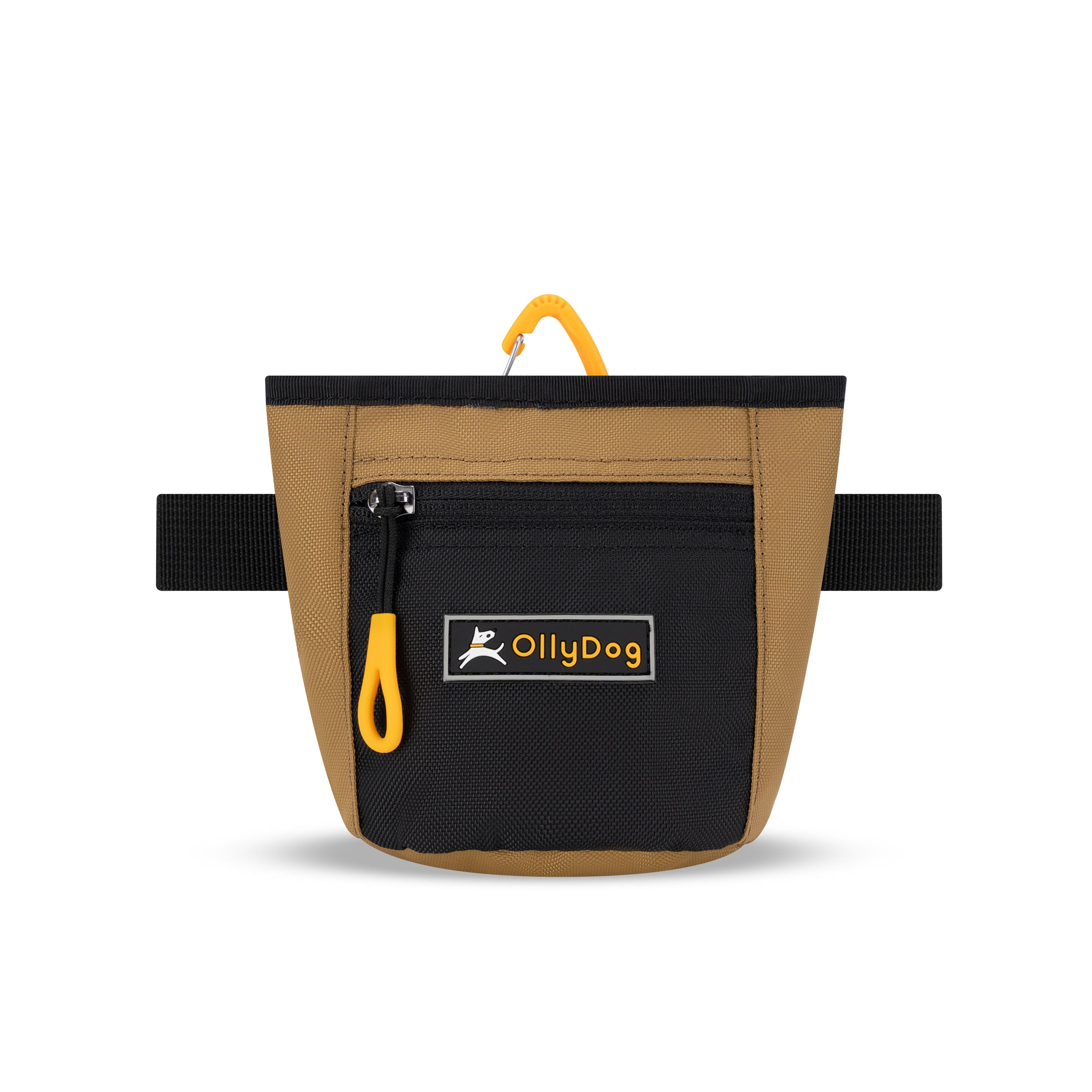 Flat front view of OllyDog’s Goodie Treat Bag in Elmwood. The dog treat pouch includes a magnetic closure on the main compartment, a front zipper pocket, and an adjustable waist strap for hands-free dog training. #color_elmwood