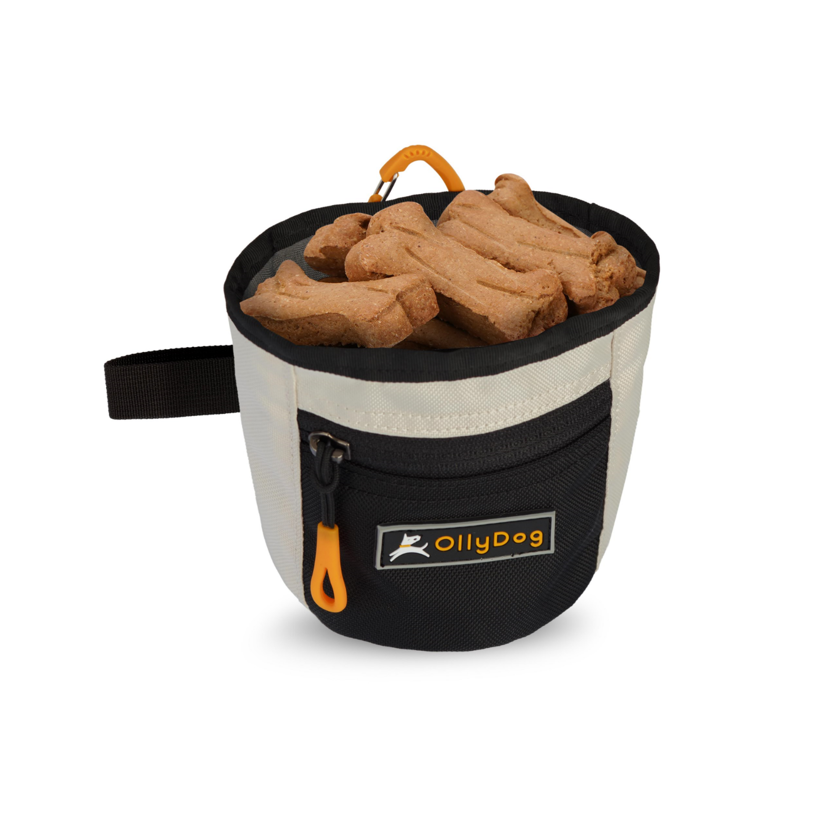 An example image of the Goodie Treat Bag (Bluff color) full of dog treats. This dog training tool allows quick access to dog treats so you can reward your dog's good behavior. #color_bluff