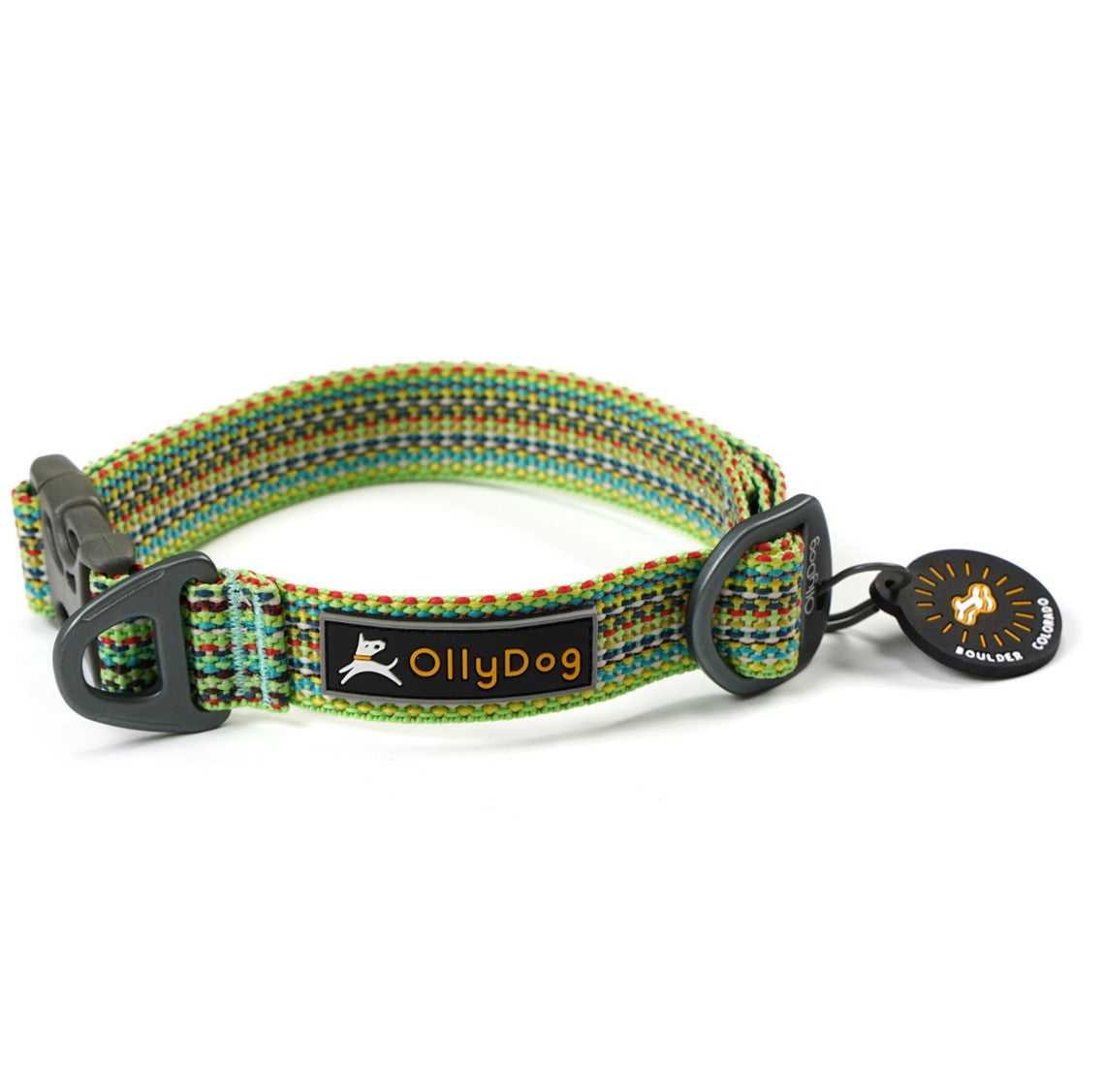 Close-up of the OllyDog Rescue Dog Collar in Prism Green, featuring a colorful recycled webbing design, black plastic side-release buckle, aluminum D-ring, and branded silicone tag silencer #color_prism green