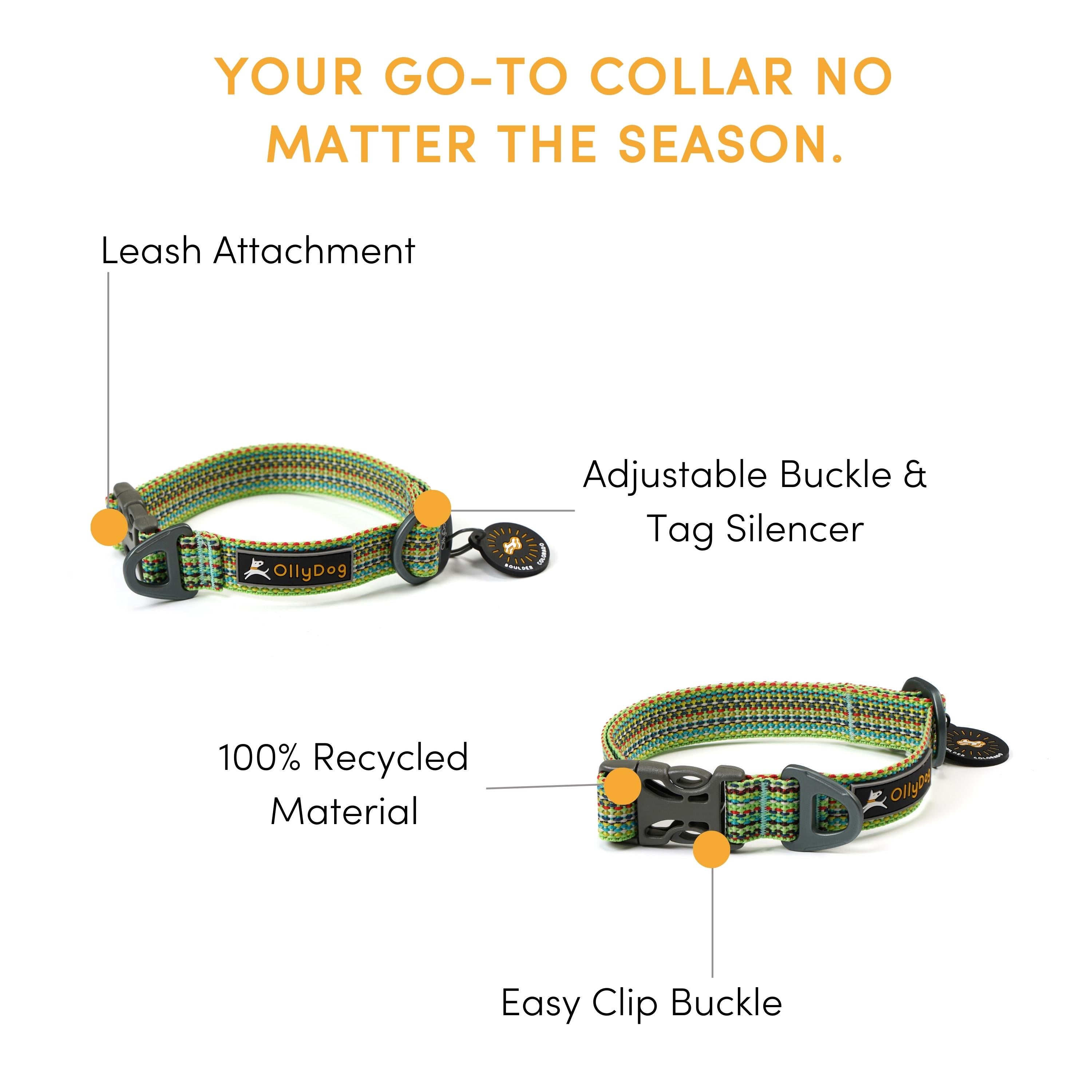 Infographic showcasing the features of the OllyDog Rescue Dog Collar in Prism Green, including leash attachment point, adjustable buckle with tag silencer, easy clip buckle, and 100% recycled material #color_prism green