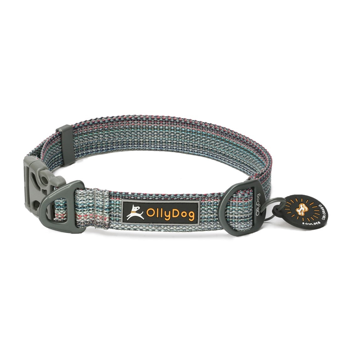 Front view of the OllyDog Rescue Dog Collar in Prism color, featuring multi-toned recycled webbing, a gray plastic side-release buckle, aluminum D-ring, and a black silicone tag silencer with Boulder Colorado branding #color_prism