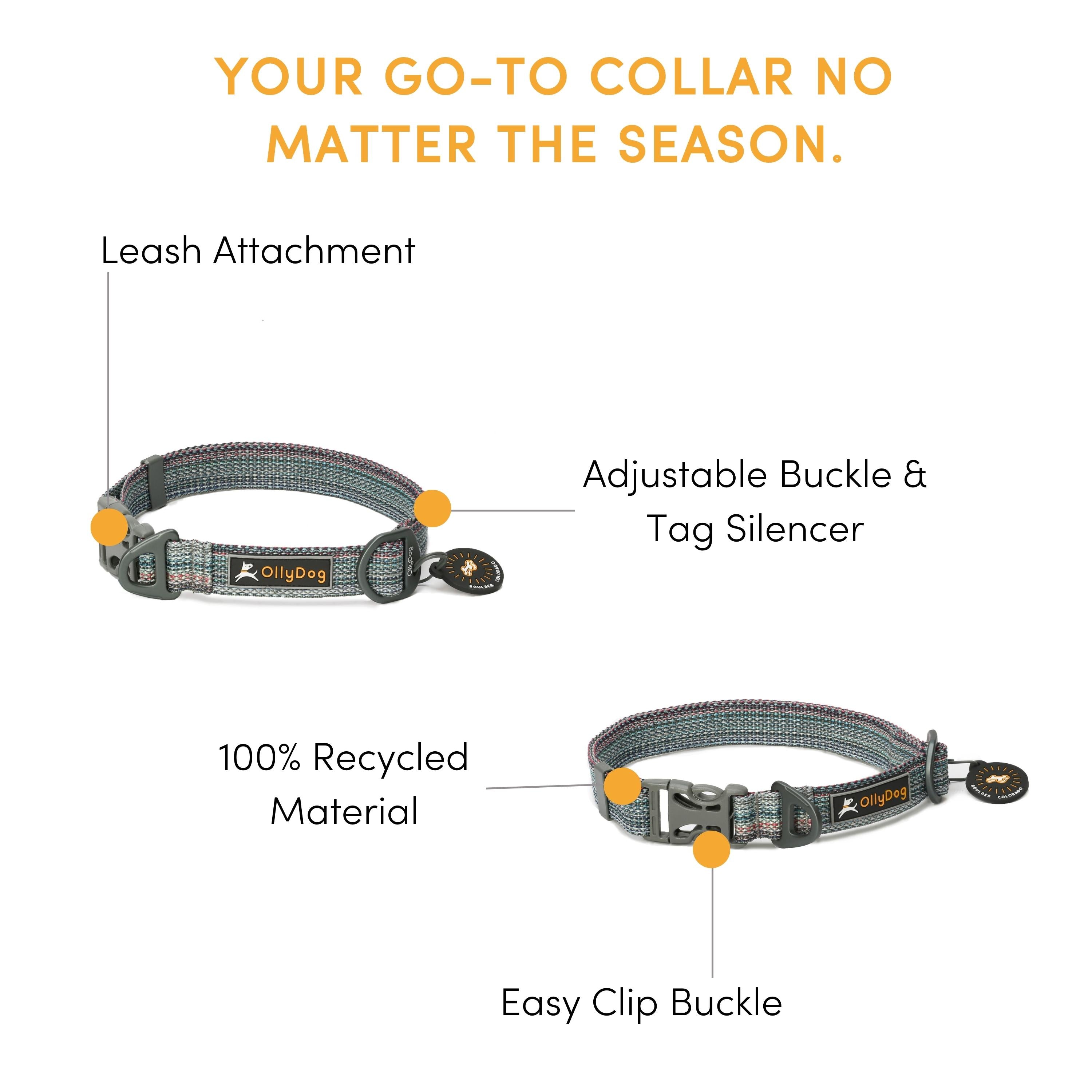 Infographic showcasing features of the OllyDog Rescue Dog Collar in Prism color, highlighting leash attachment, adjustable buckle with tag silencer, easy clip buckle, and 100% recycled material #color_prism