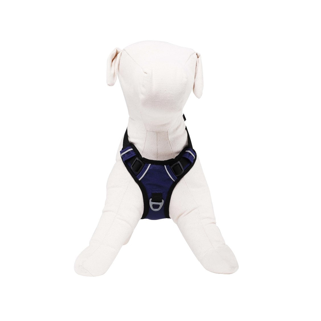 Front view of a dog mannequin displaying the OllyDog Alpine Reflective Harness in atlantic blue, highlighting chest leash attachment, reflective piping, adjustable plastic buckles, and breathable padded lining made from recycled plastic water bottles. #color_atlantic