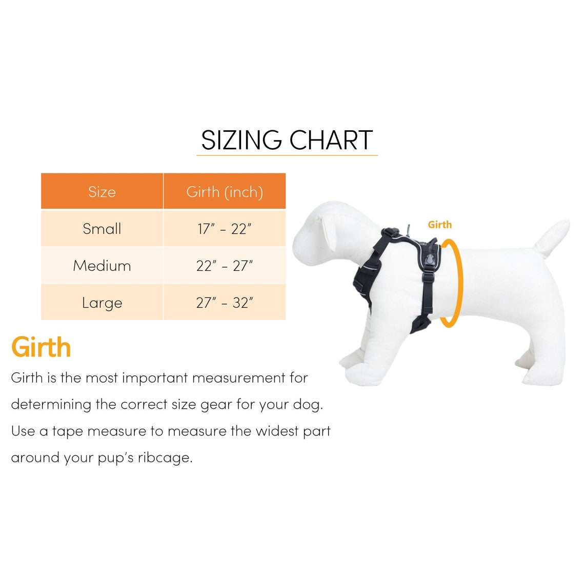 Sizing chart infographic for the OllyDog Alpine Reflective Harness in atlantic blue, detailing girth measurements for small (17 to 22 inches), medium (22 to 27 inches), and large (27 to 32 inches) sizes.#color_atlantic