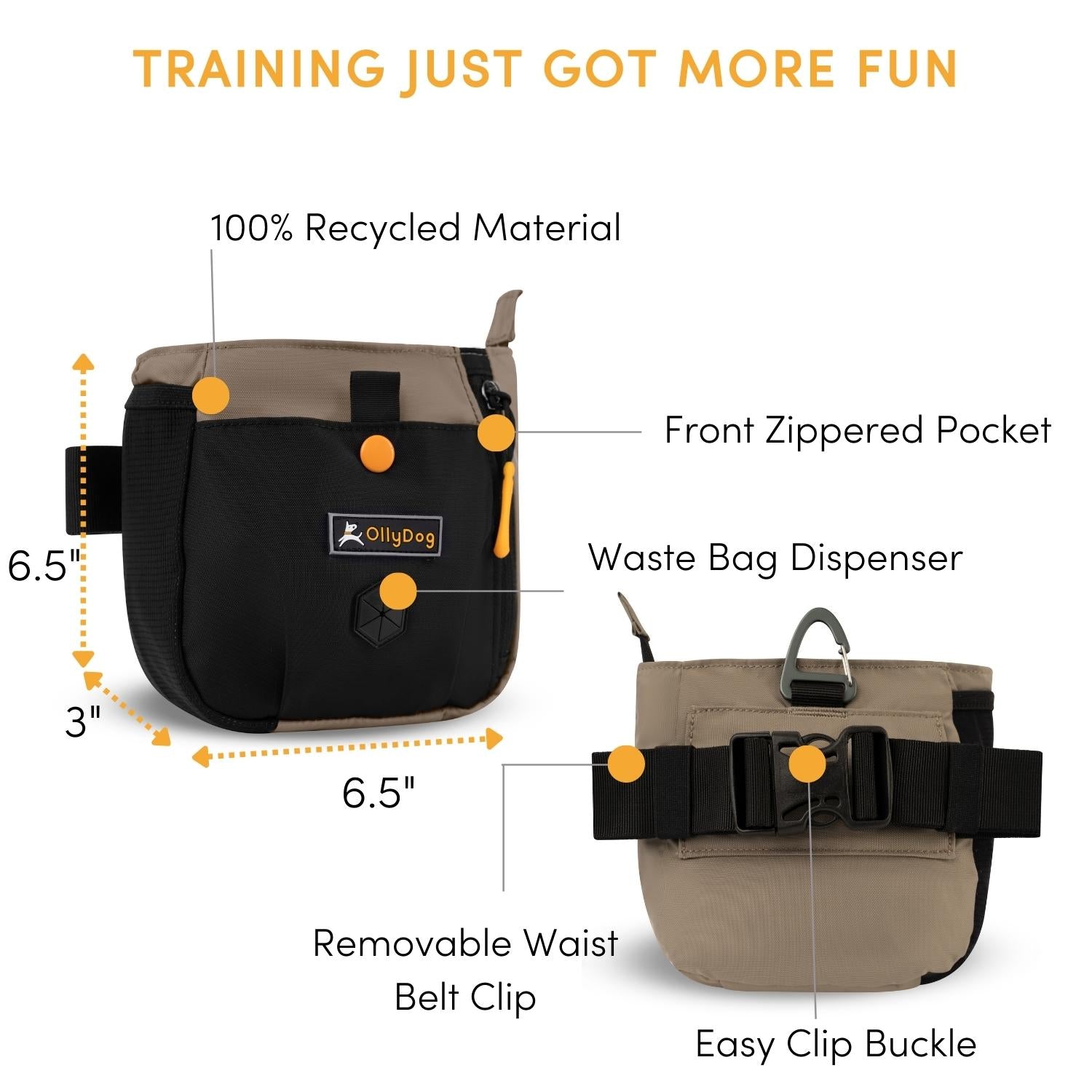 Product feature diagram of the OllyDog Backcountry Day Bag in champagne color, highlighting dimensions (6.5 inches by 6.5 inches by 3 inches), 100 percent recycled material, front zippered pocket, waste bag dispenser, and removable waist belt. #color_champagne