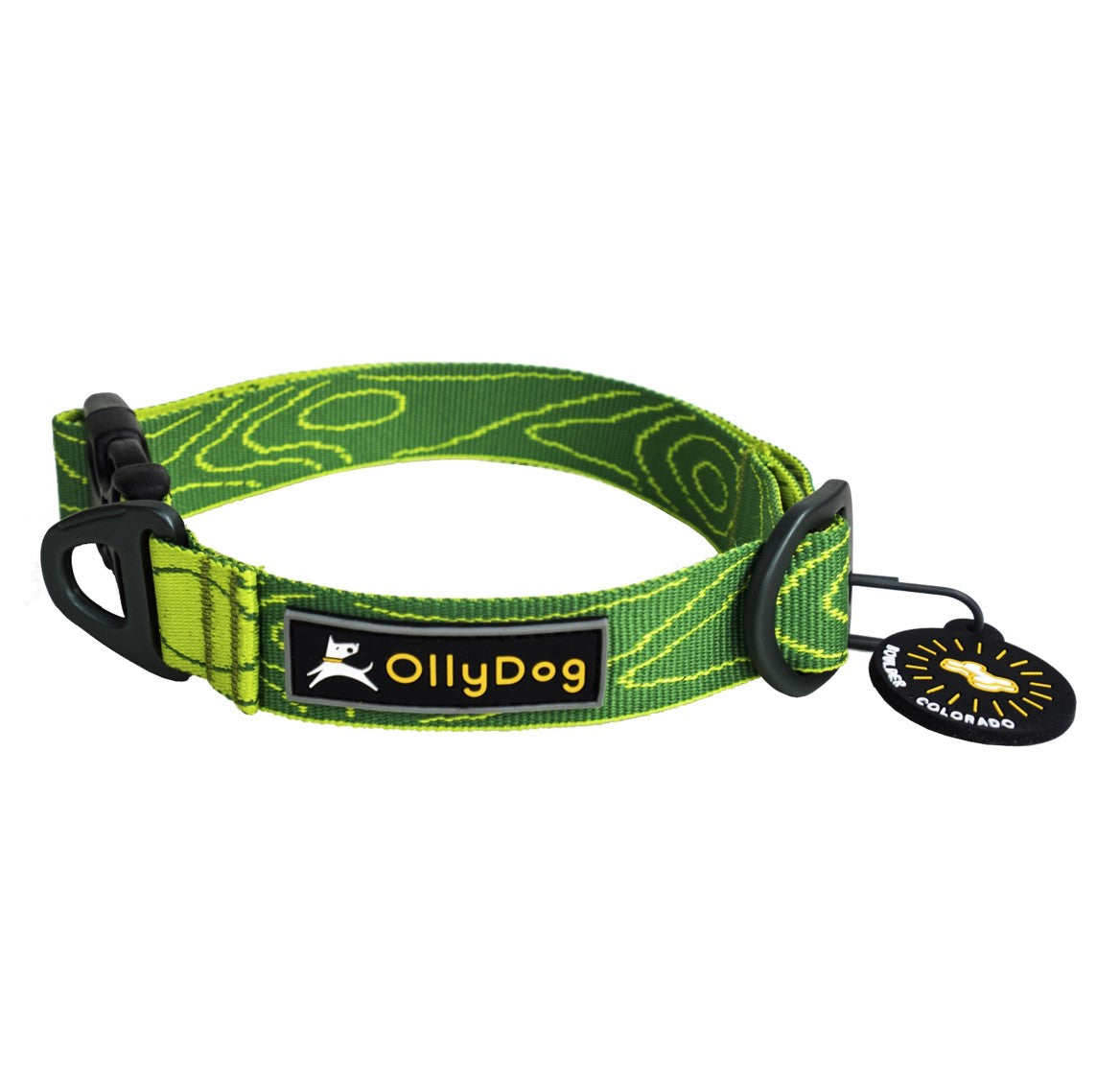 Front view of the OllyDog Flagstaff Collar in sage bark color, featuring a topographic map pattern, durable washable poly webbing, quick-release side buckle, aluminum D-ring, brand logo patch, and a round Boulder Colorado tag. #color_sage bark