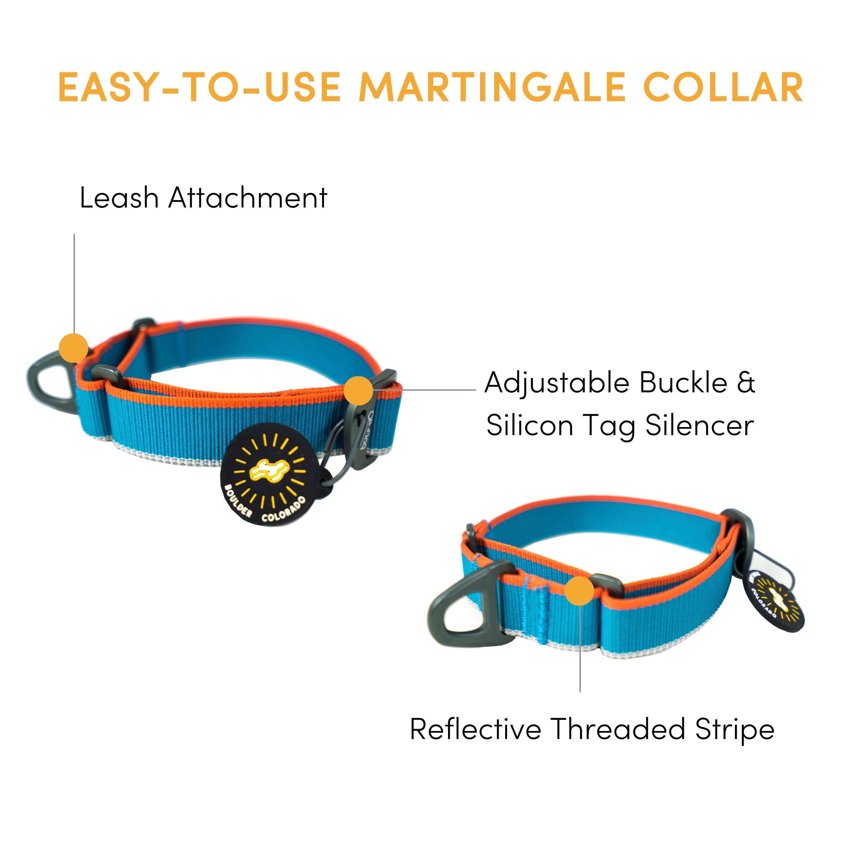 Infographic banner detailing features of the OllyDog Martingale Mesa Collar in air blue color, highlighting the leash attachment, adjustable buckle, silicon tag silencer, and reflective threaded stripe. #color_air blue