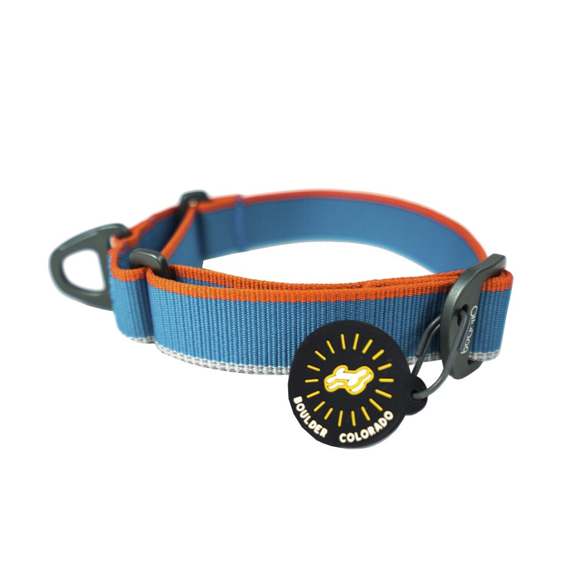 Front view of the OllyDog Martingale Mesa Collar in air blue color, featuring tough poly webbing with reflective thread, a slip-out design, secure aluminum D-ring, and a round Boulder Colorado tag. #color_air blue