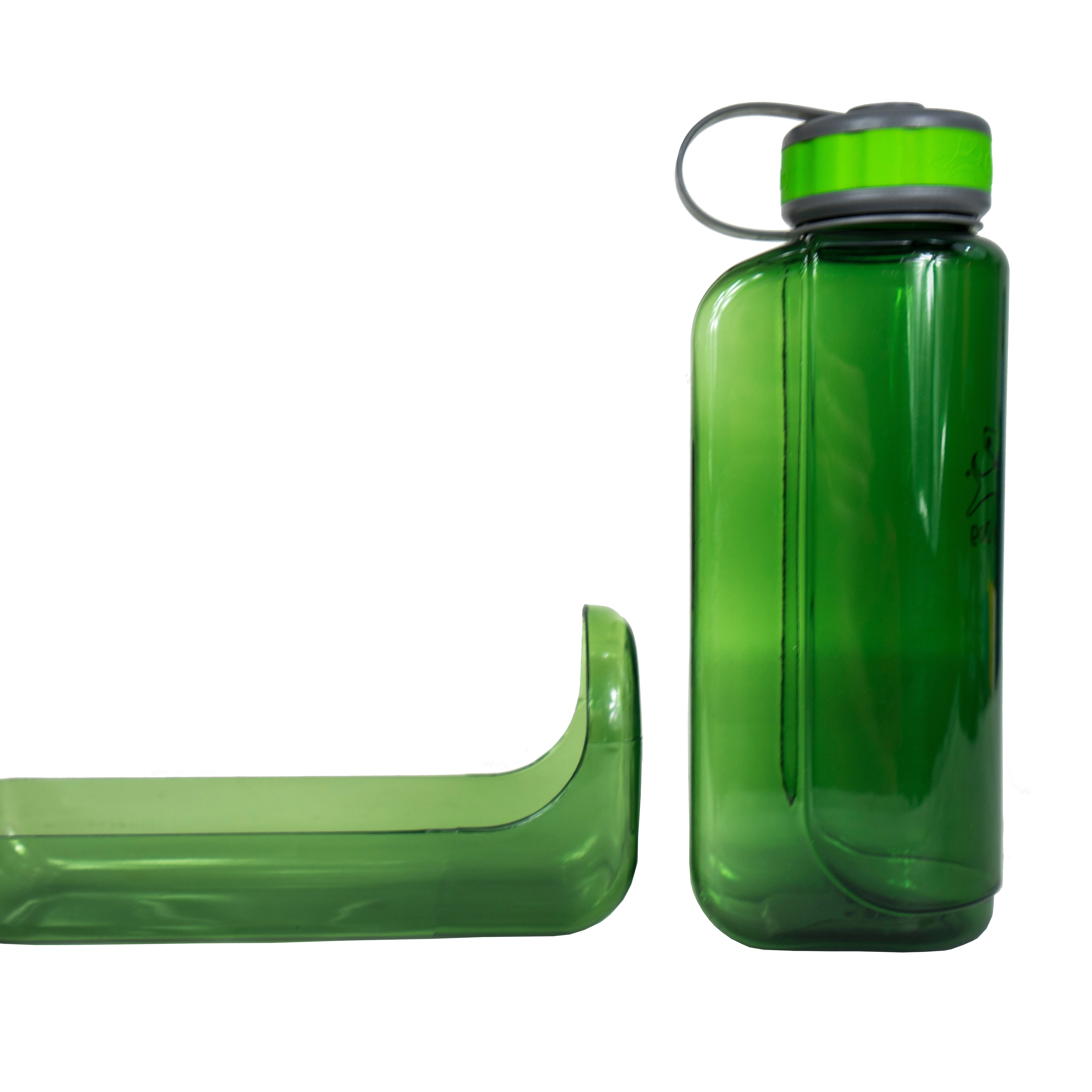 Close-up detail view of the OllyDog OllyBottle portable dog water bottle in 1-liter grass green size, showing the bowl fully detached from the side to allow easy, slobber-free water sharing for you and your dog on the go. #size_grass / 1l