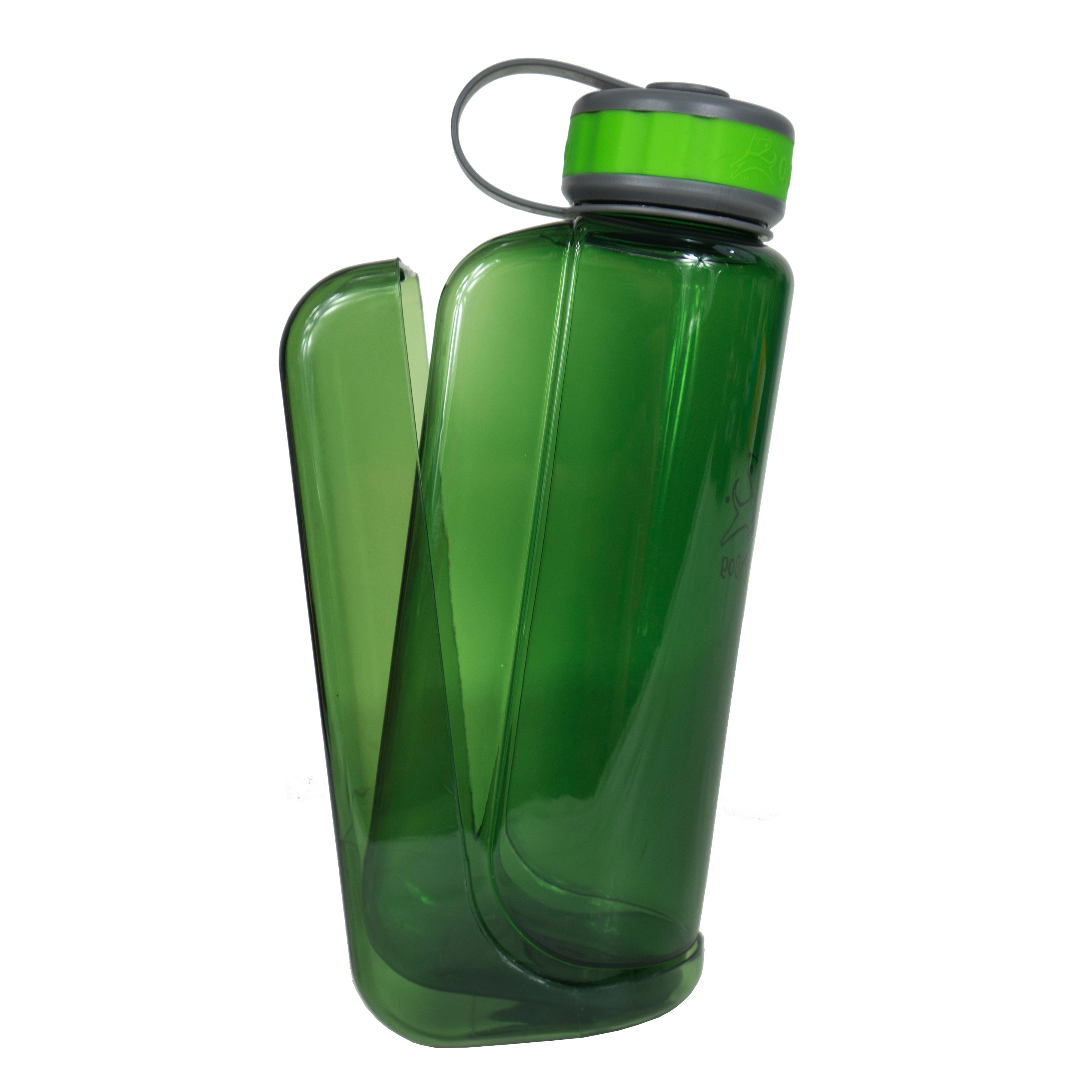 Close-up detail view of the OllyDog OllyBottle portable dog water bottle in 1-liter grass green size, showing the detachable bowl being removed from the side for easy, slobber-free water sharing on the go.#size_grass / 1l