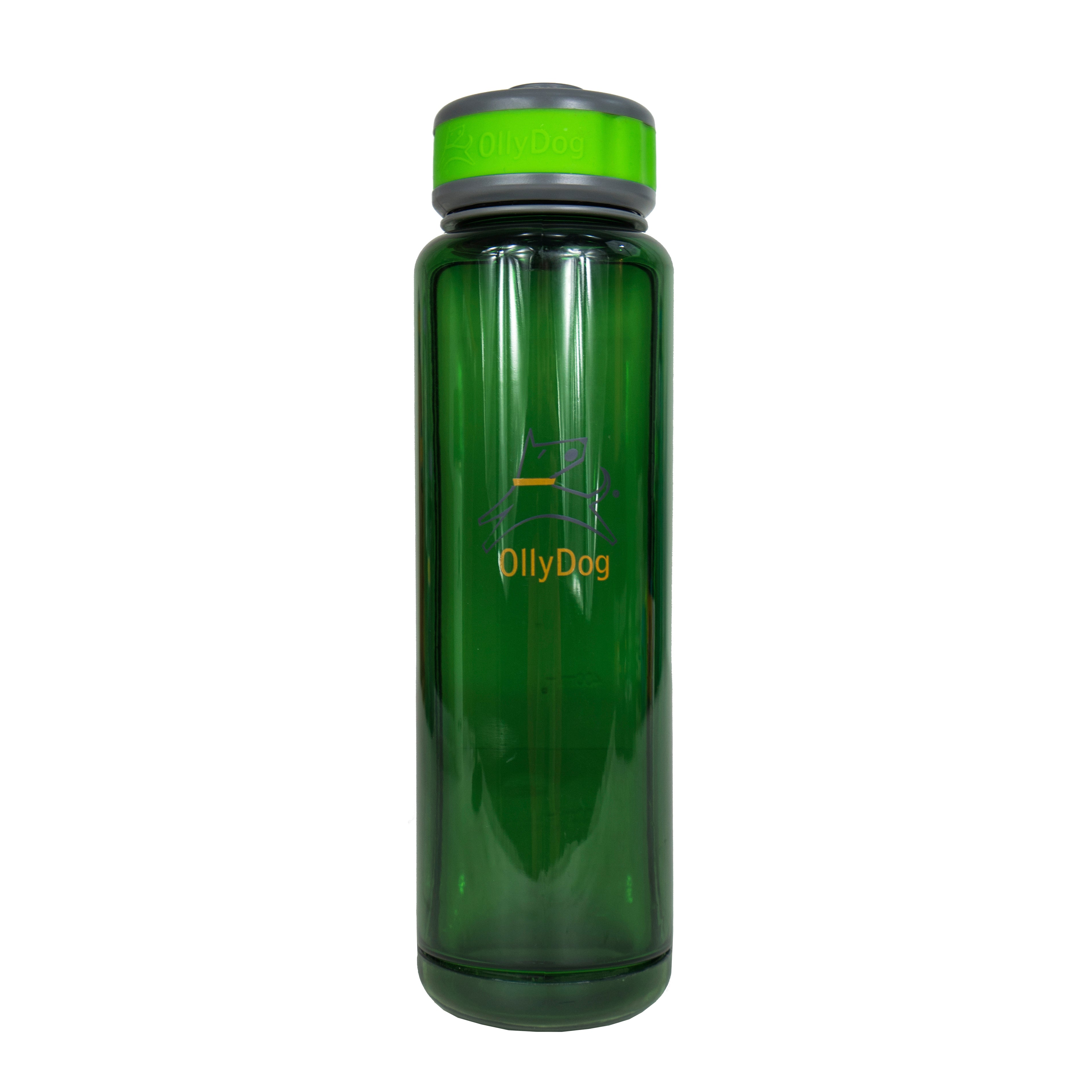 Front view of the OllyDog OllyBottle portable dog water bottle in 1-liter grass green size, highlighting the durable, BPA-free plastic construction and brand logo for travel-friendly outdoor hydration. #size_grass / 1l