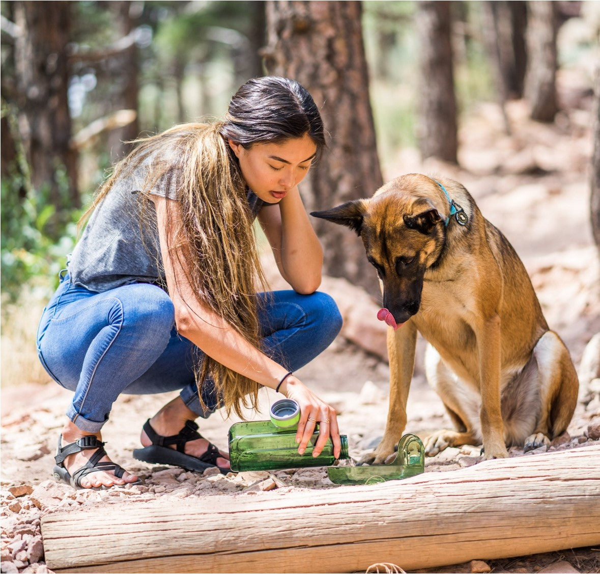 Lifestyle shot of a person crouching on a dirt trail in a forest, pouring water from the 1-liter grass green OllyDog OllyBottle portable water dispenser into its detached bowl for a dog sitting nearby.#size_grass / 1l