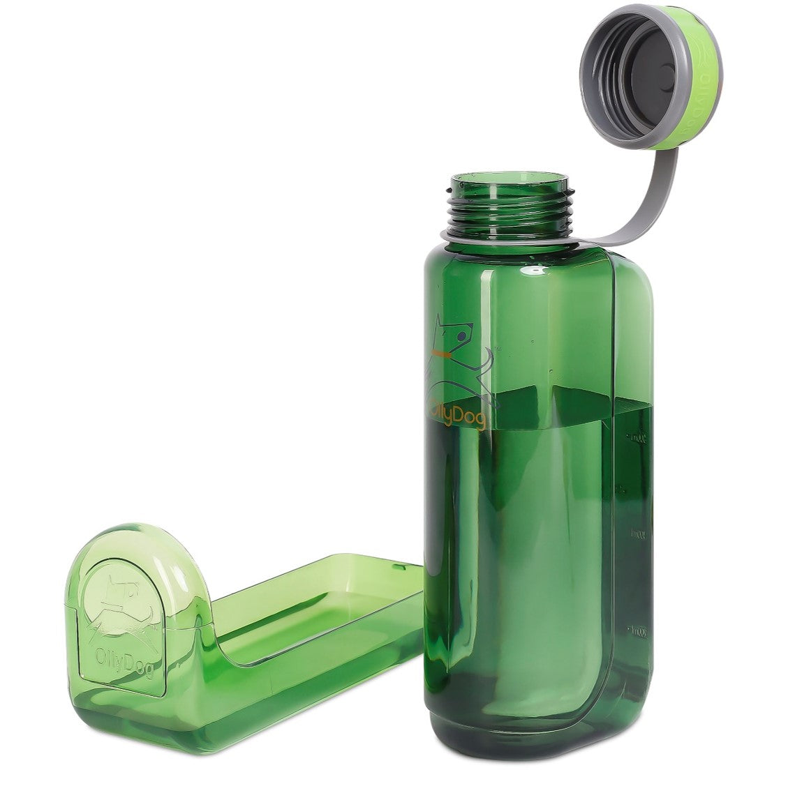 Open view of the OllyDog OllyBottle portable dog water bottle in 1-liter grass green size, showcasing the detached bowl attachment and open cap for easy, slobber-free water sharing on the go.#size_grass / 1l