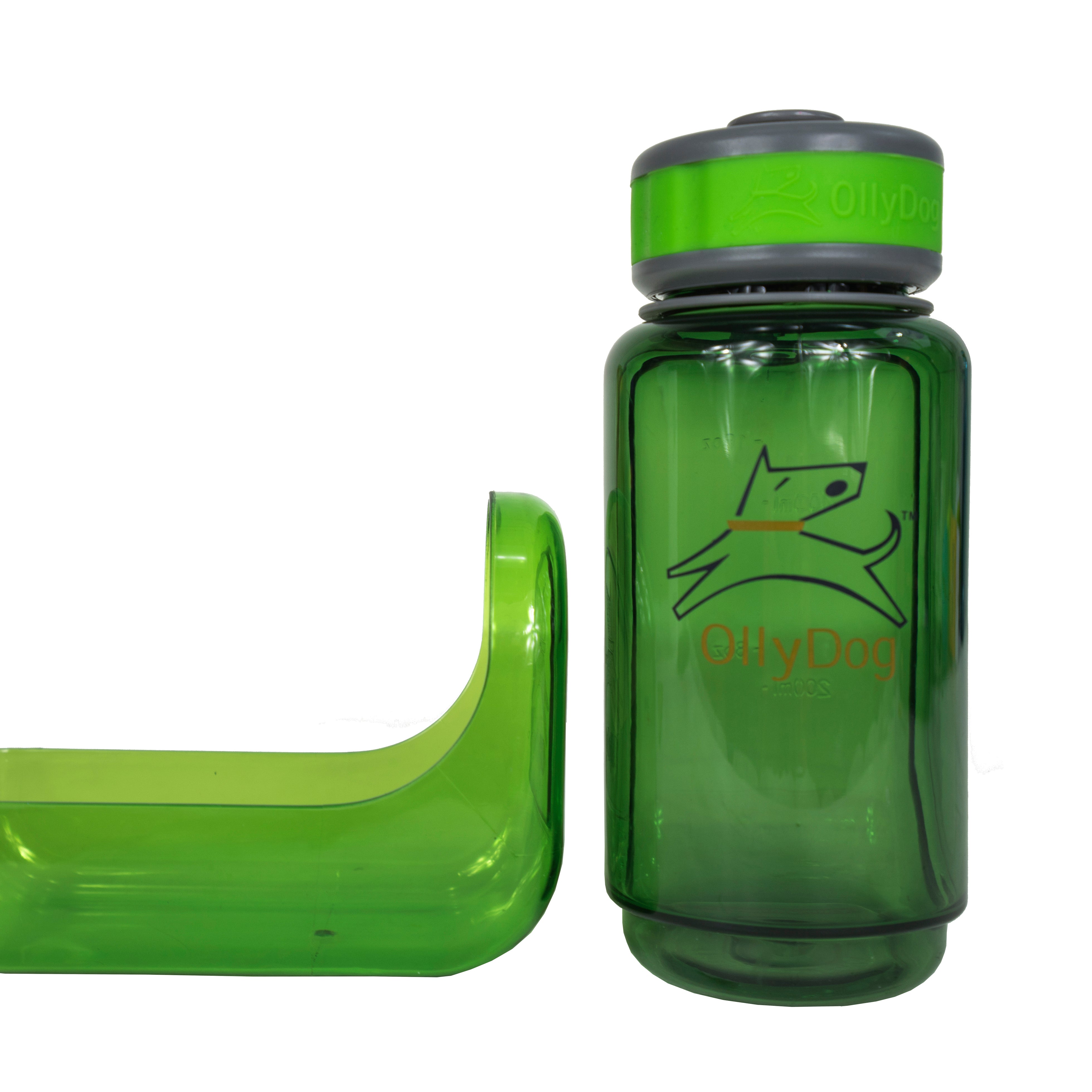 Close-up detail view of the OllyDog OllyBottle portable dog water bottle in 600ml grass green size, showing the bowl fully detached from the side to allow easy, slobber-free water sharing for you and your dog on the go.#size_grass / 600ml