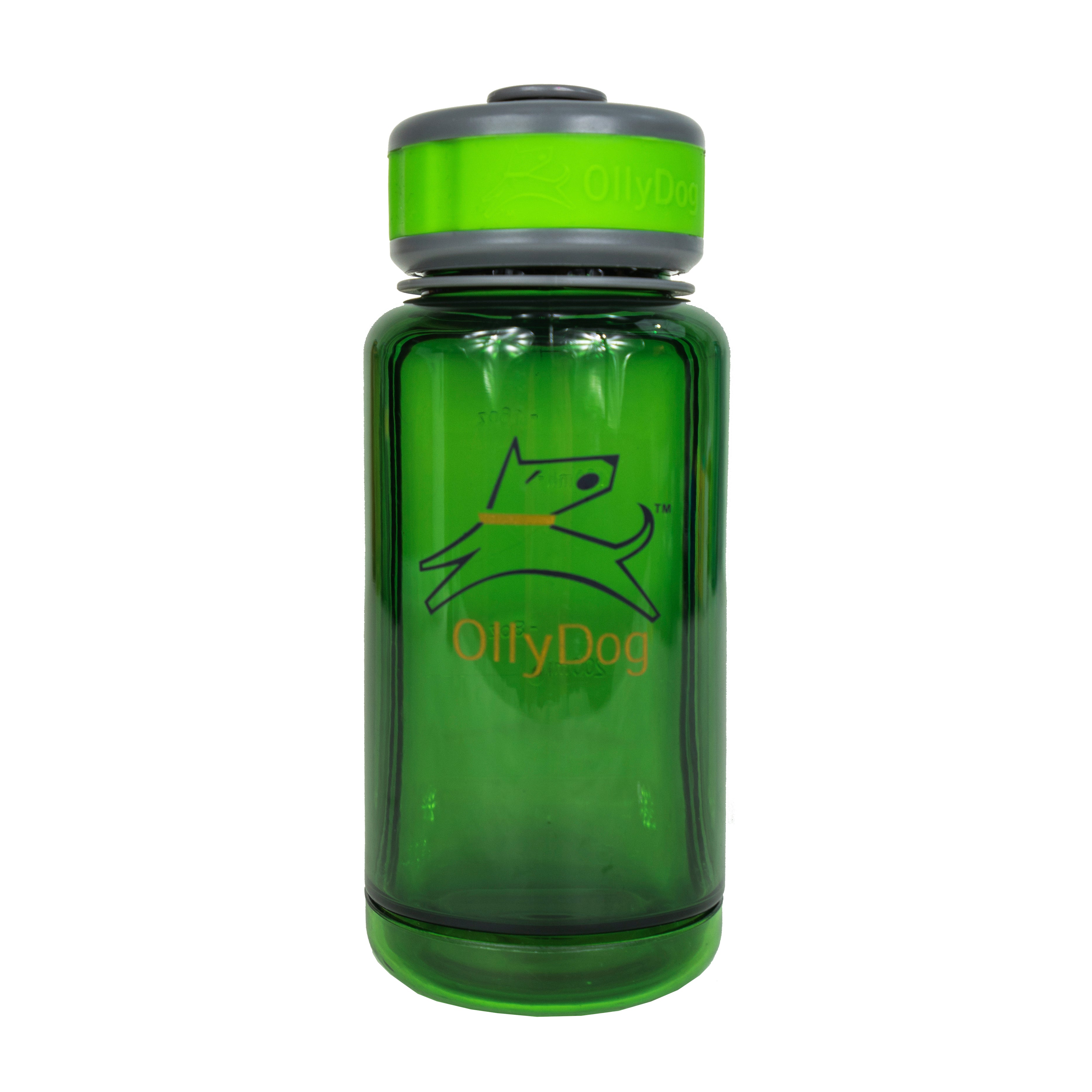 Front view of the OllyDog OllyBottle portable dog water bottle in 600ml grass green size, highlighting the durable, BPA-free plastic construction and brand logo for travel-friendly outdoor hydration.#size_grass / 600ml