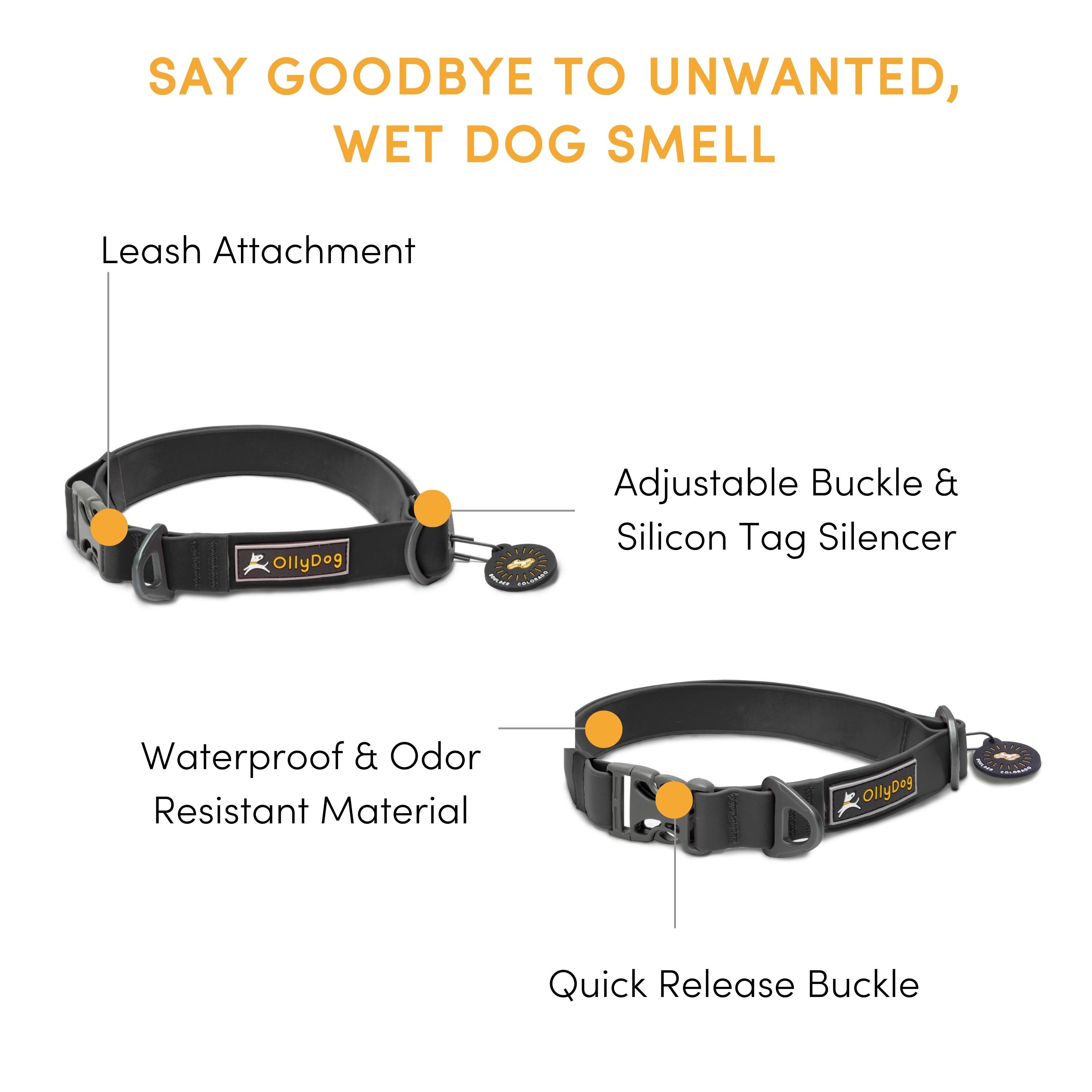 Infographic banner detailing features of the OllyDog Tilden Waterproof Collar in black color, highlighting the leash attachment, adjustable buckle, silicon tag silencer, waterproof and odor-resistant material, and quick-release plastic side buckle. #color_black