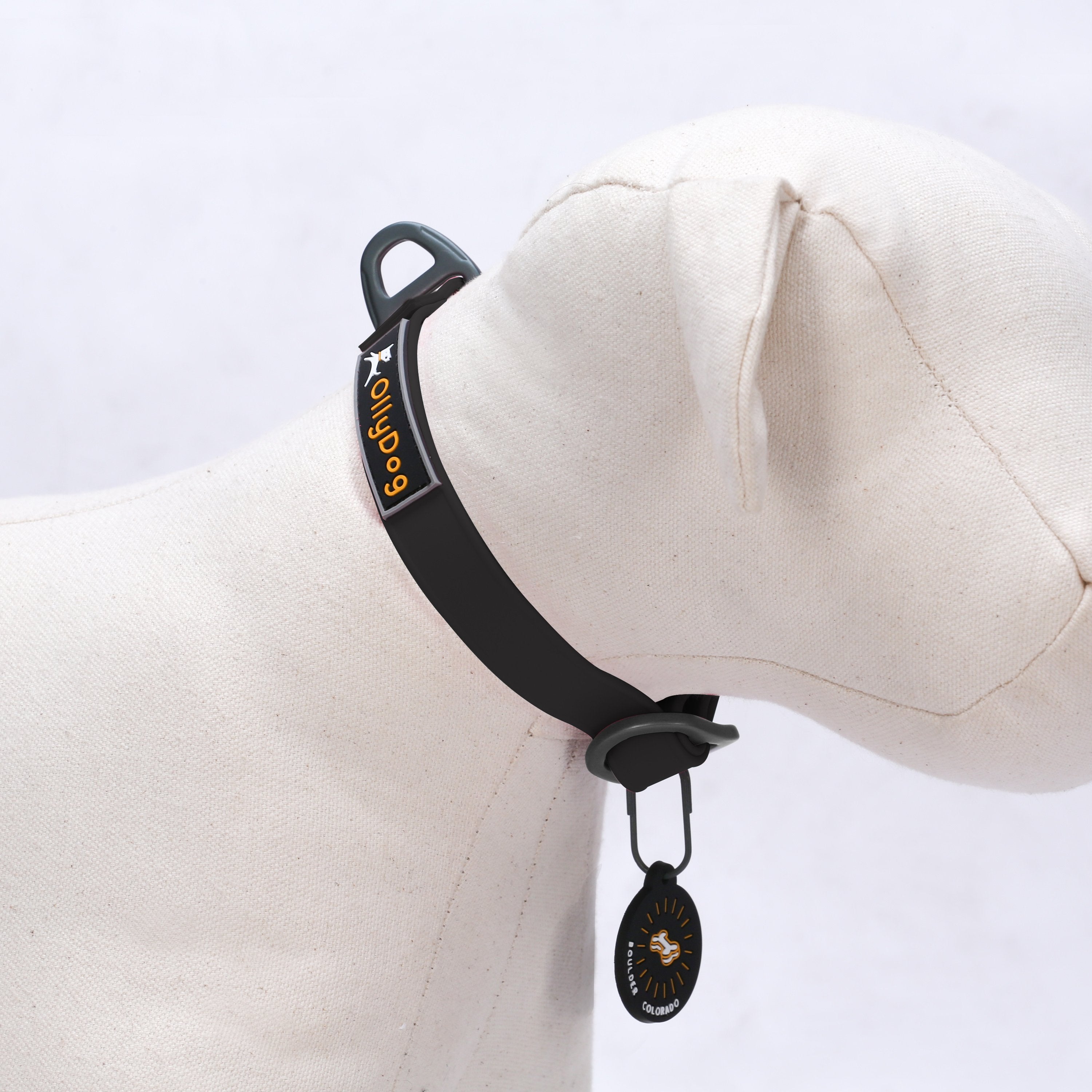 Studio display on a dog mannequin of the OllyDog Tilden Waterproof Collar in black color, featuring waterproof AquaGuard coating, the OllyDog logo patch, a secure aluminum D-ring, and an attached Boulder Colorado tag. #color_black