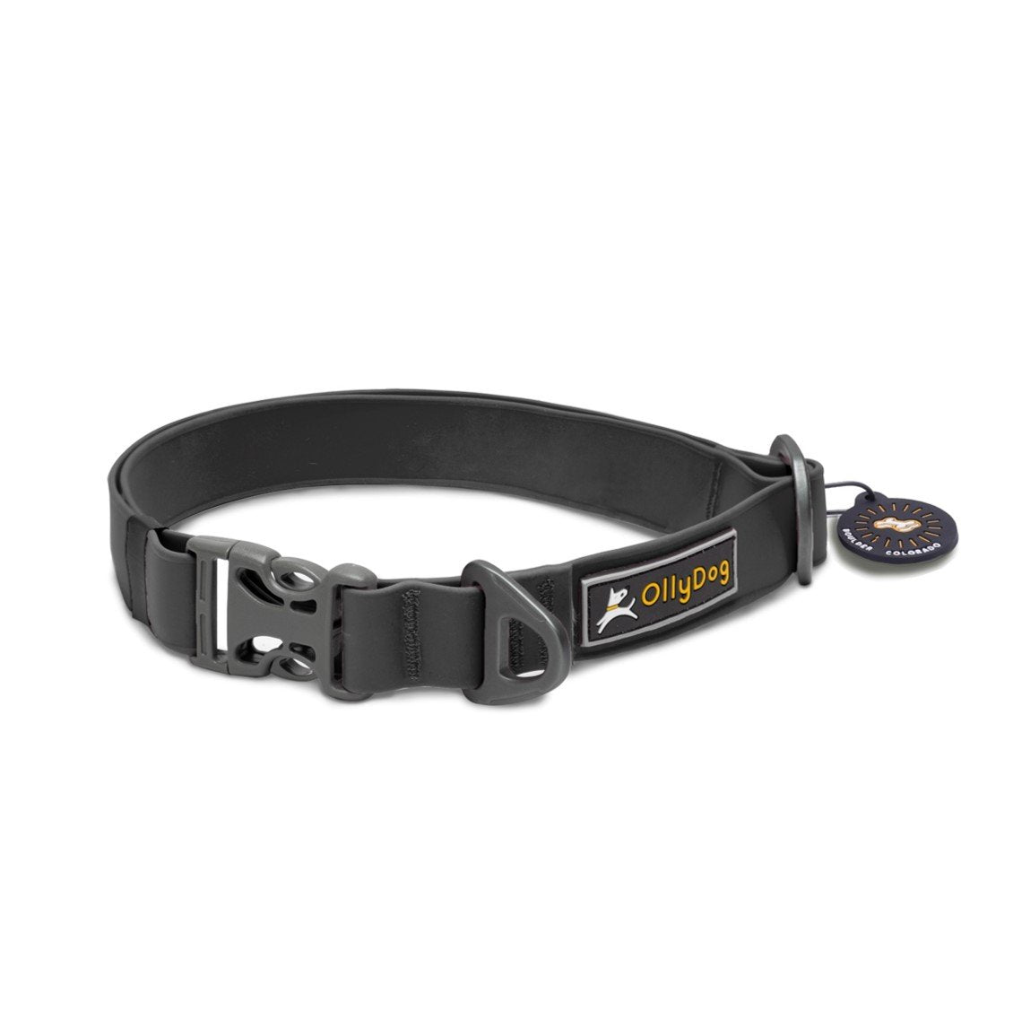 Side view of the OllyDog Tilden Waterproof Collar in black color, showcasing its waterproof AquaGuard coating, plastic side-buckle, strap keeper, and aluminum D-ring leash attachment. #color_black