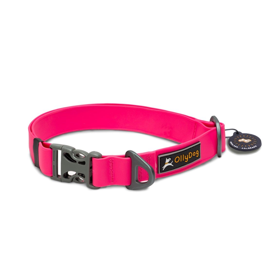 Side view of the OllyDog Tilden Waterproof Collar in pink color, showcasing its waterproof AquaGuard coating, plastic side-buckle, strap keeper, and aluminum D-ring leash attachment. #color_pink