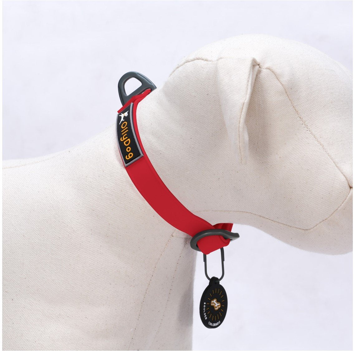 Studio display on a dog mannequin of the OllyDog Tilden Waterproof Collar in red color, featuring waterproof AquaGuard coating, the OllyDog logo patch, a secure aluminum D-ring, and an attached Boulder Colorado tag. #color_red