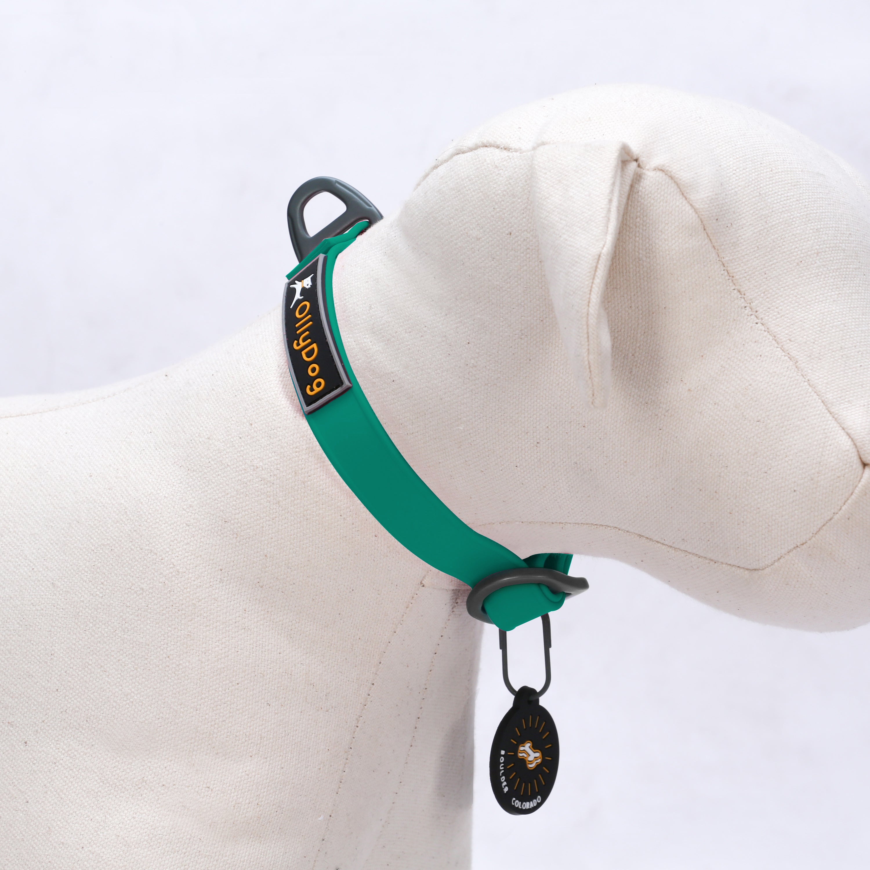 Studio display on a dog mannequin of the OllyDog Tilden Waterproof Collar in teal color, featuring waterproof AquaGuard coating, the OllyDog logo patch, a secure aluminum D-ring, and an attached Boulder Colorado tag. #color_teal
