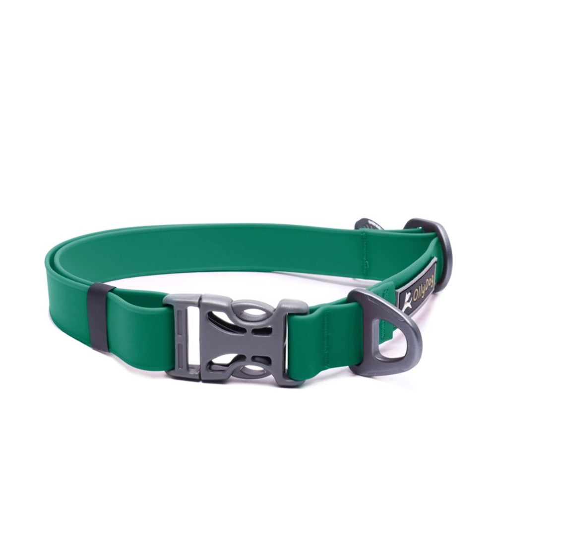 Side studio view of the OllyDog Tilden Waterproof Collar in teal color, showcasing its waterproof AquaGuard coating, plastic side-buckle, strap keeper, and aluminum D-ring leash attachment. #color_teal