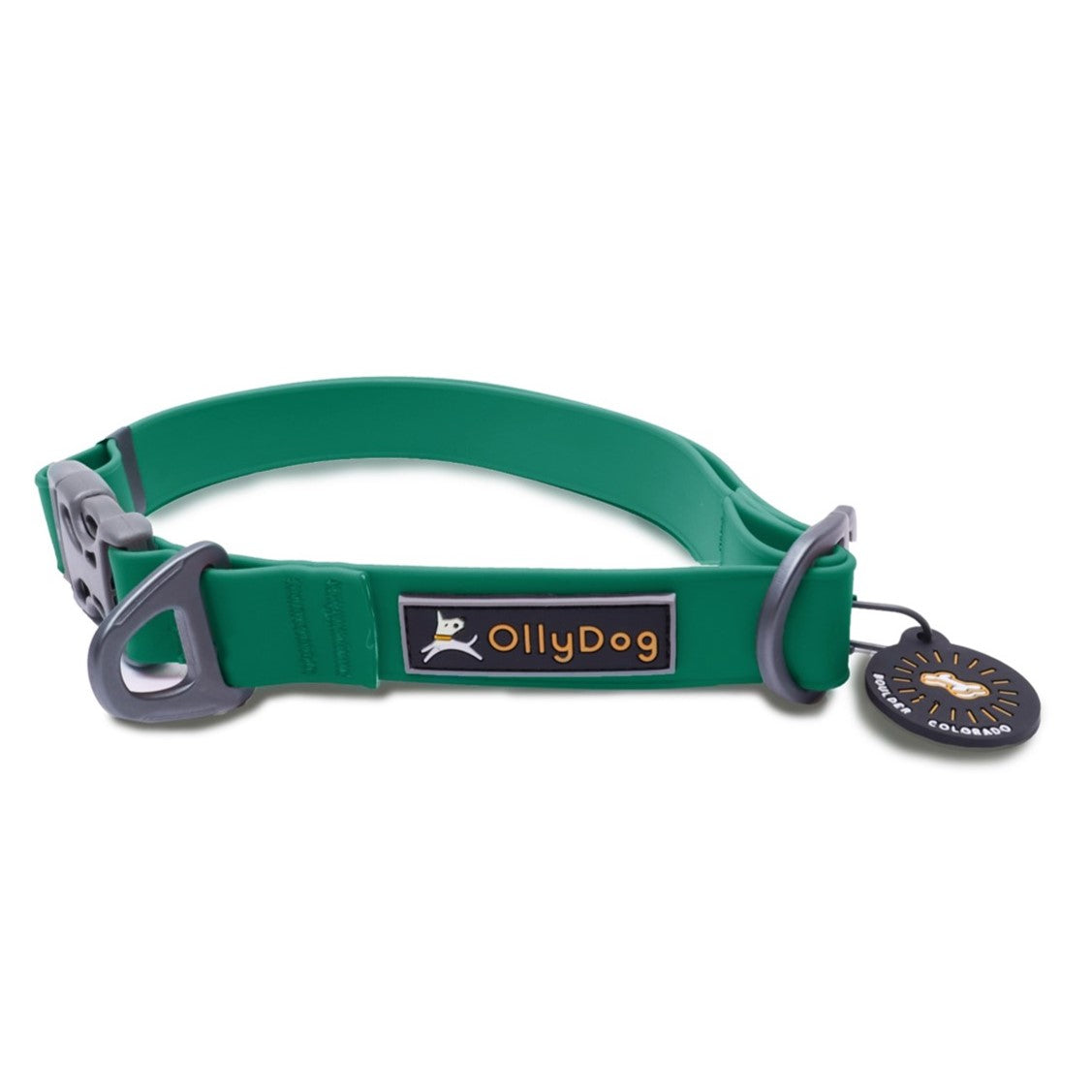 Front studio view of the OllyDog Tilden Waterproof Collar in teal color, featuring waterproof AquaGuard coating, an easy-releasing plastic side-buckle, a secure aluminum D-ring, the OllyDog brand label, and an attached Boulder Colorado tag. #color_teal